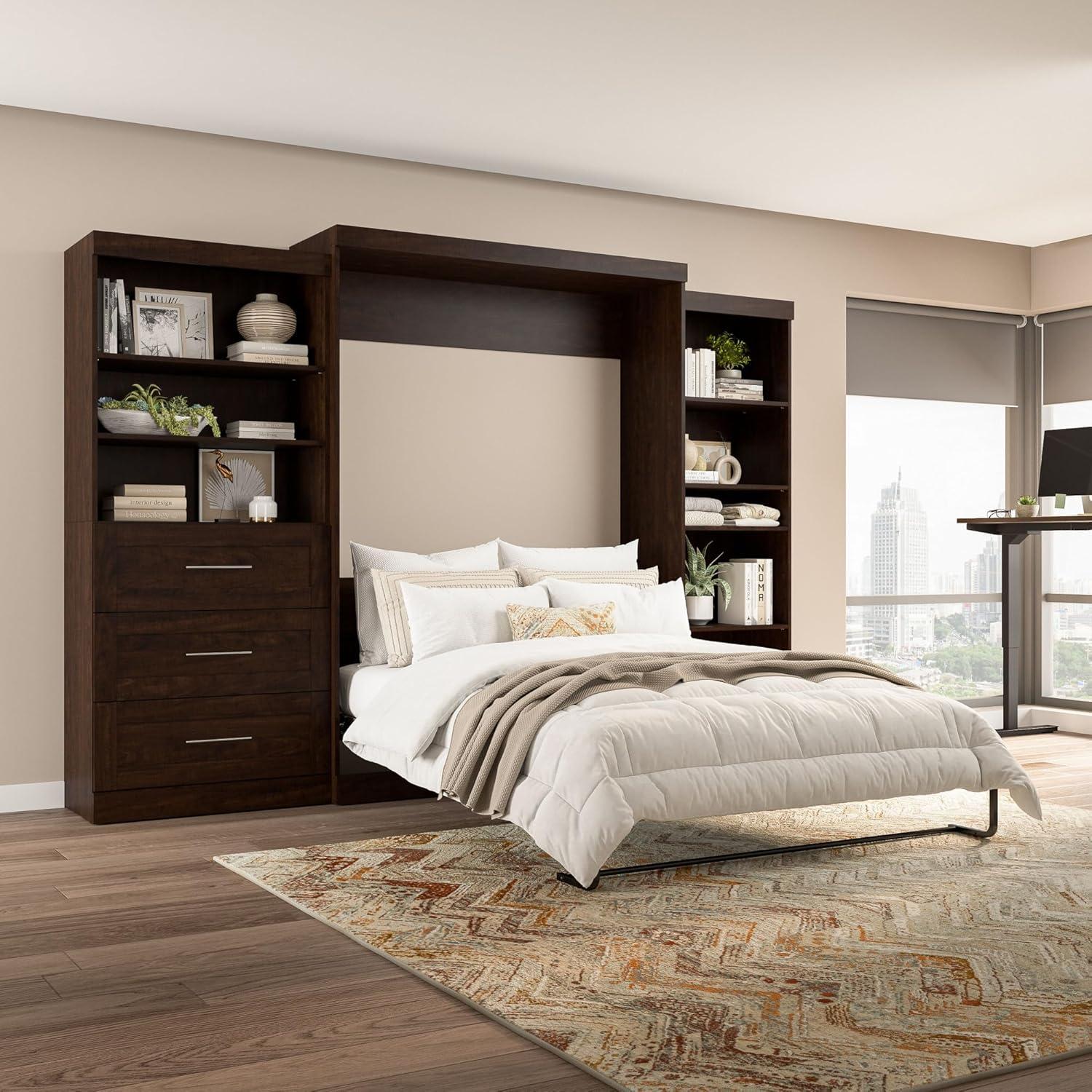 Bestar Pur Murphy 2 Shelving Units, Space-Saving Wall Bed with Storage and Closet Organizers, Queen, Chocolate