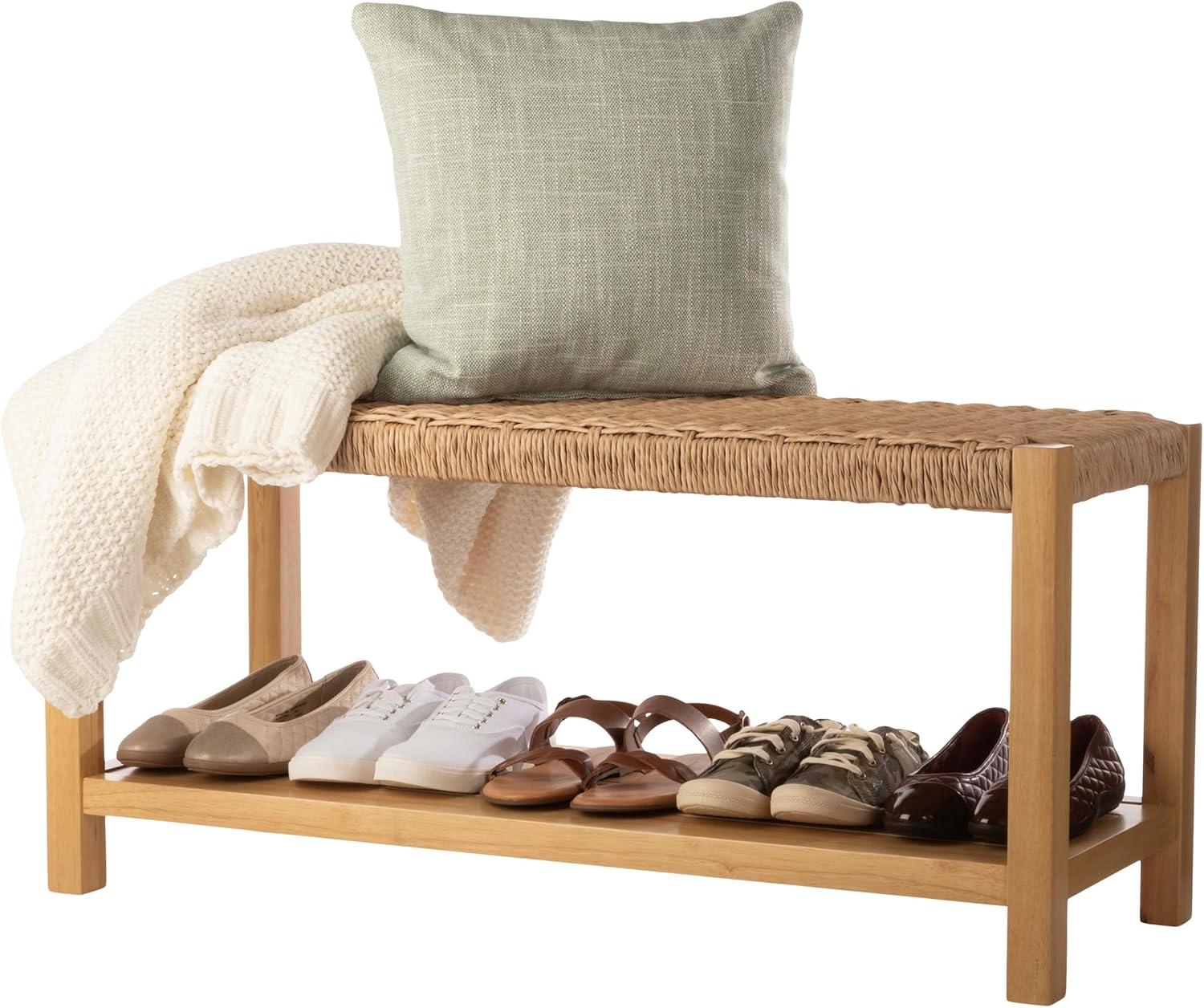 Newport 40-Inch Natural Wood Bench with Woven Rope Seat and Storage Shelf