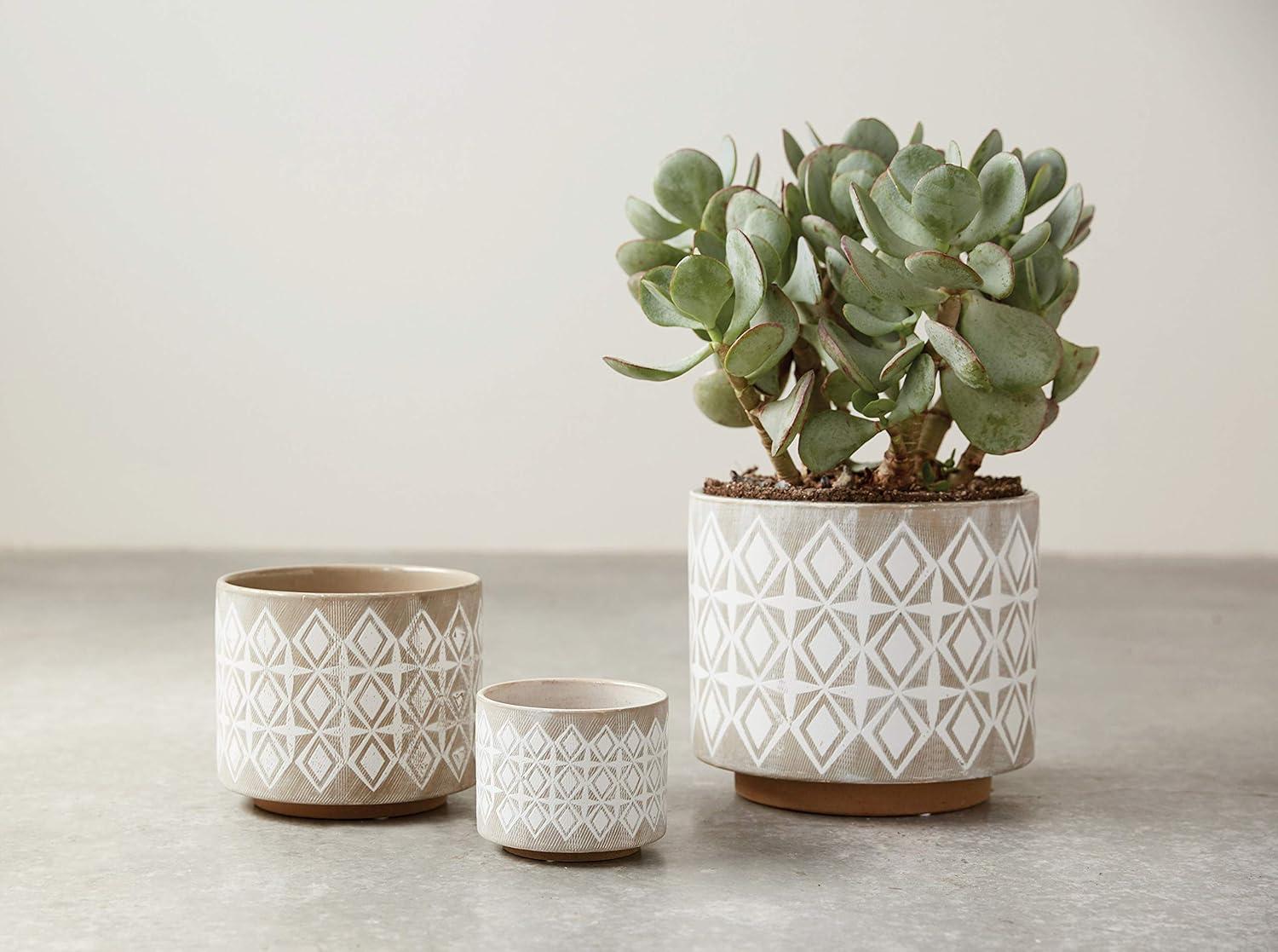 Creative Co-Op Various Round Stoneware Planters with Geometric Patterns, White and Grey, Set of 3