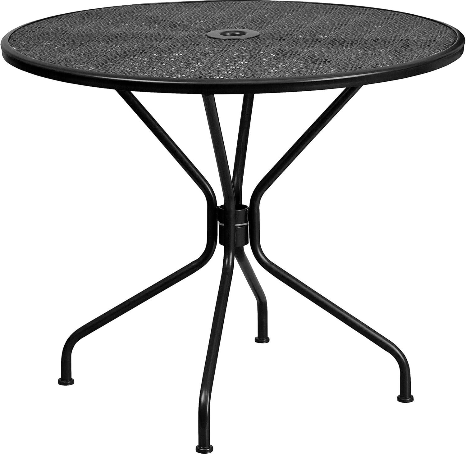 Flash Furniture Oia Commercial Grade 35.25" Round Black Indoor-Outdoor Steel Patio Table with Umbrella Hole