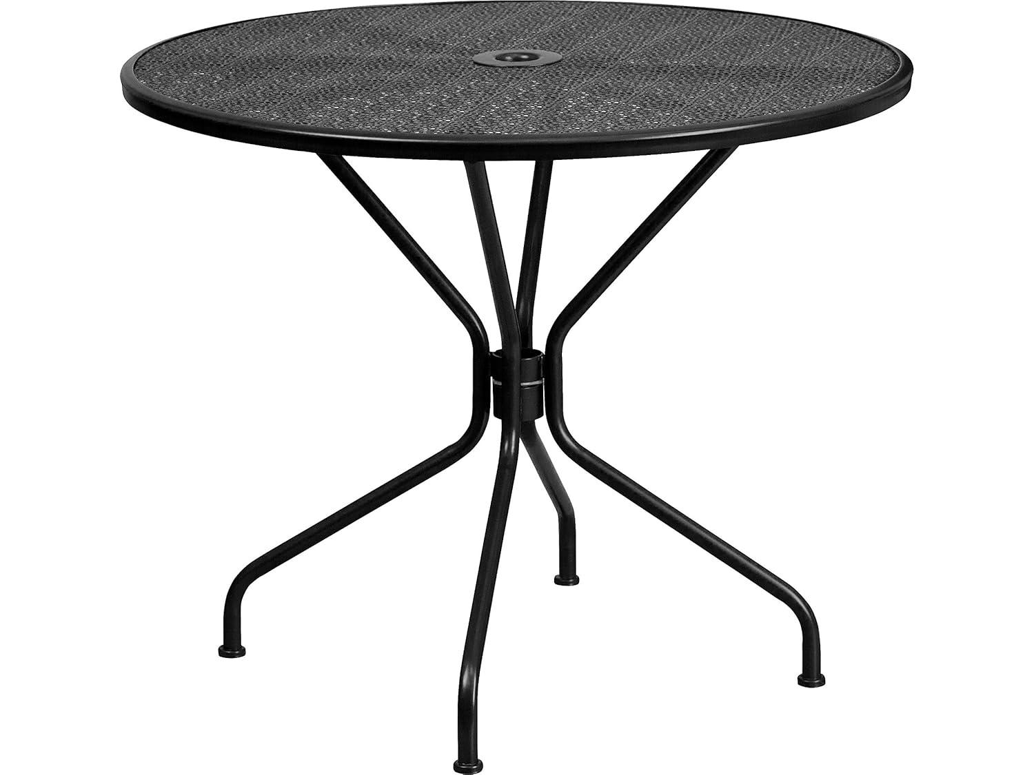 Flash Furniture Oia Commercial Grade 35.25" Round Black Indoor-Outdoor Steel Patio Table with Umbrella Hole