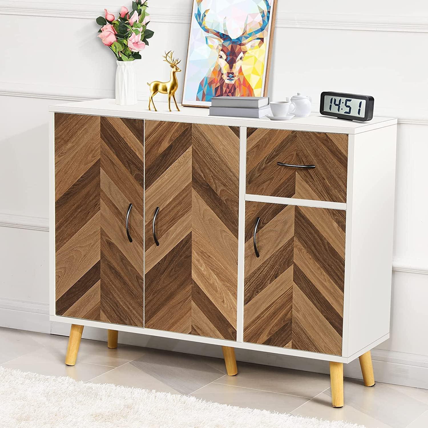 Accent Cabinet, Black Storage Cabinet with Doors Mid Century Modern Sideboard Buffet Cabinet with Storage Shelves Small Wood Accent Cabinets for Living Room Entryway Office, Brown Herringbone