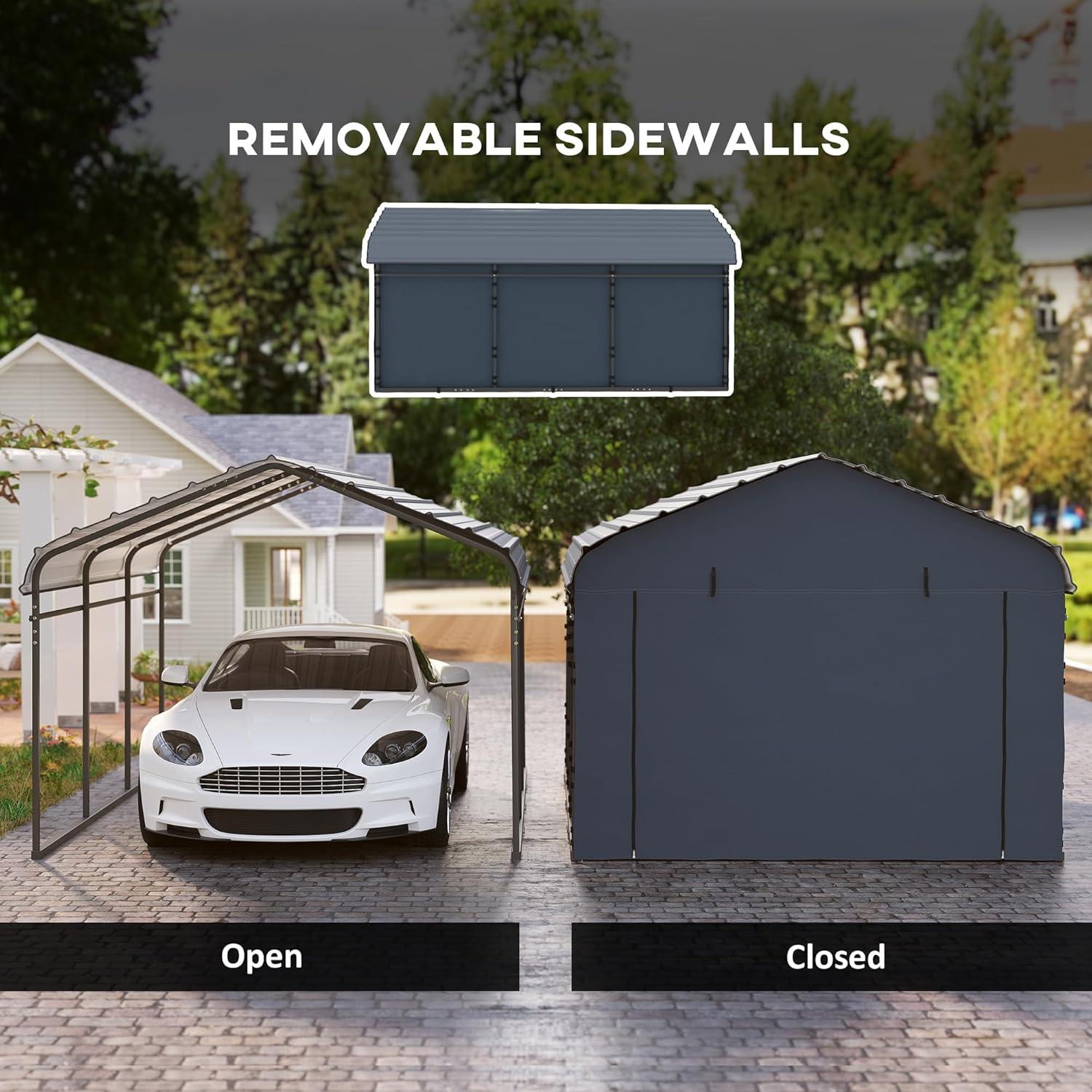 Outsunny 10' x 15' Heavy Duty Metal Carport, Waterproof Garage Car Canopy with Galvanized Metal Roof and Removable Sidewalls, Dark Gray