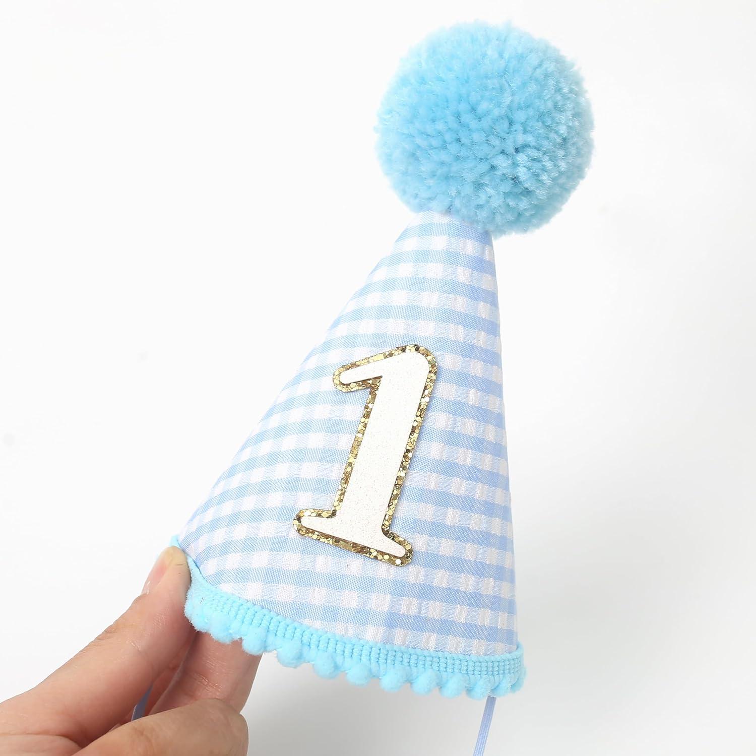 Amscan 250959 1st Birthday Blue Pom Pom Child's Party Hat, 1ct
