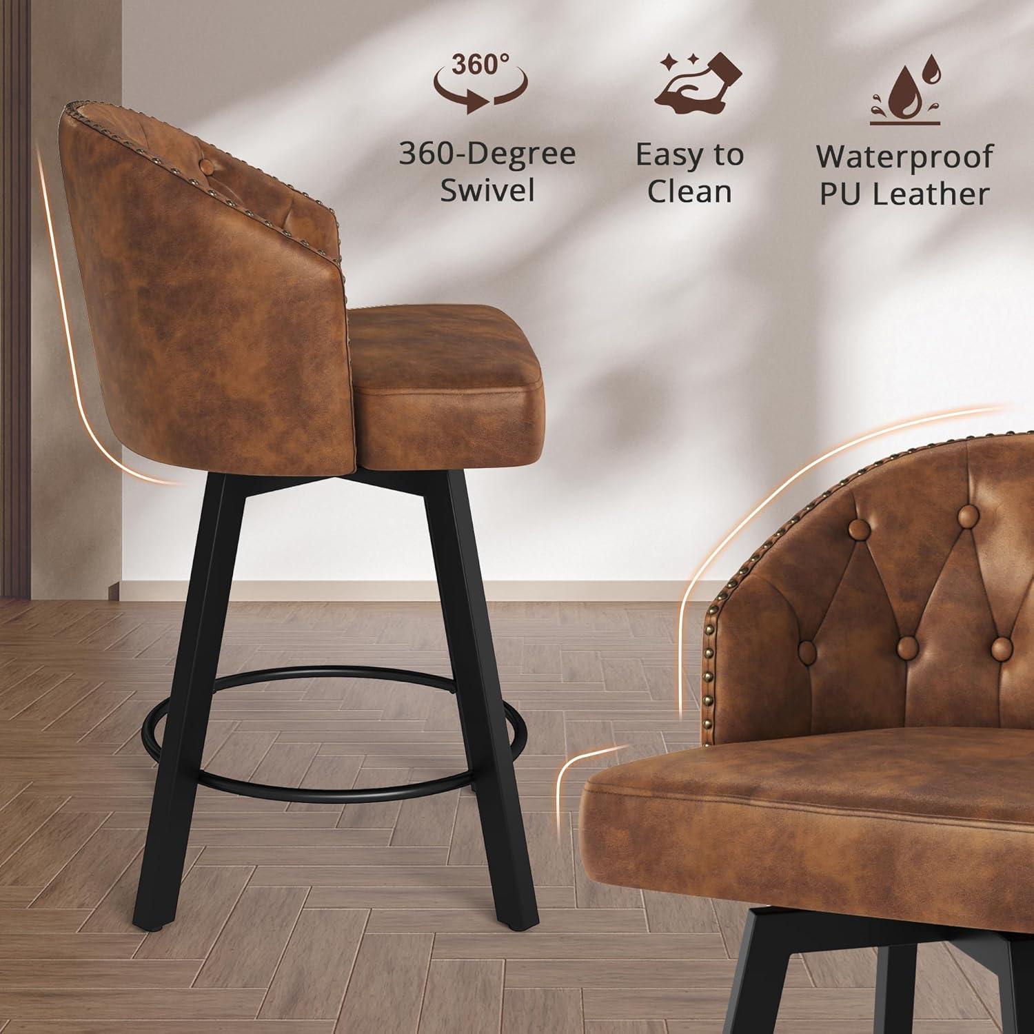 Brown Faux Leather Swivel Bar Stools with Metal Frame, Set of 4