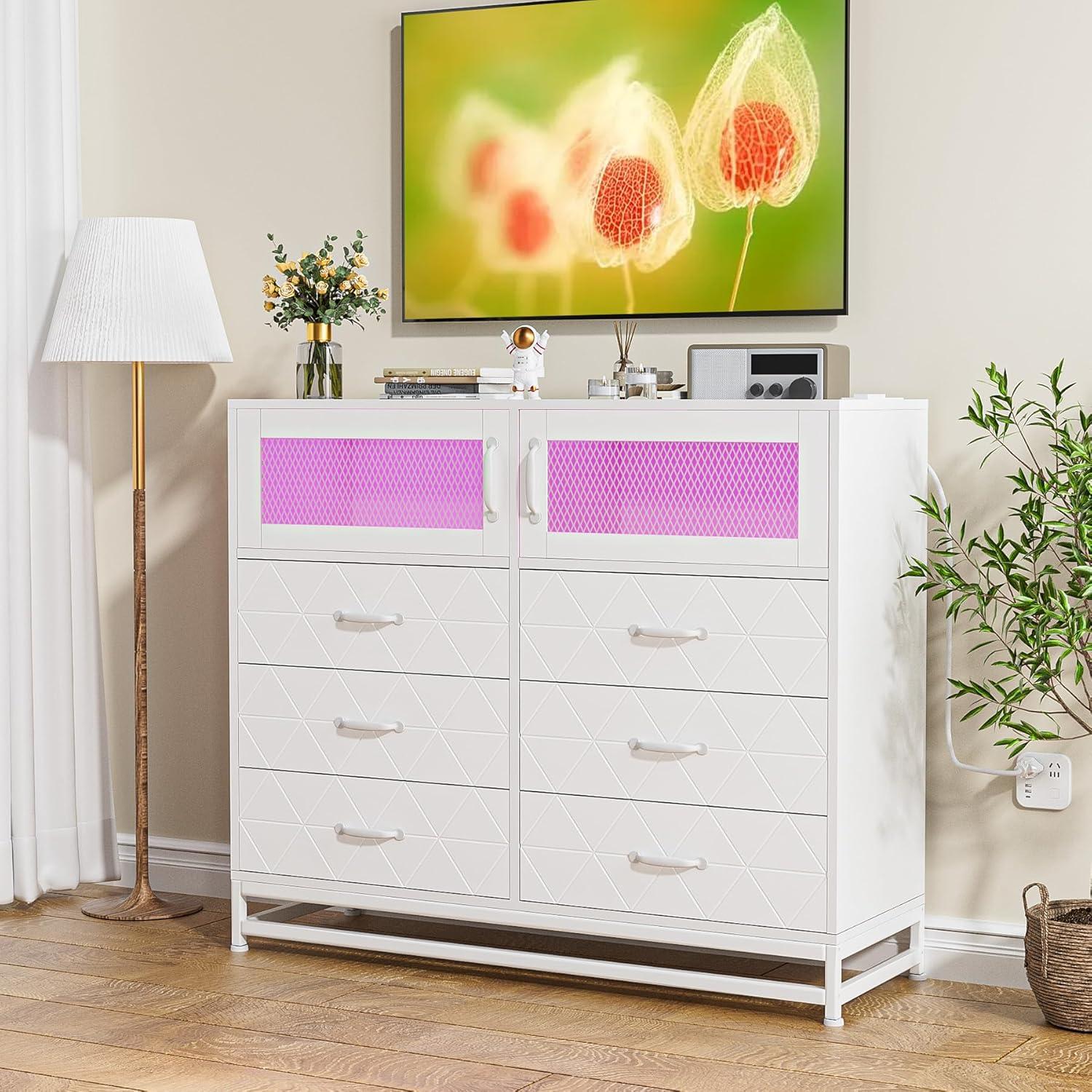 Dresser for Bedroom with LED Lights and Charging Station, Wooden 6 Drawer Double Dresser with 2 Doors, Modern Chest of Drawers for Bedroom, Entryway, Hallway, White