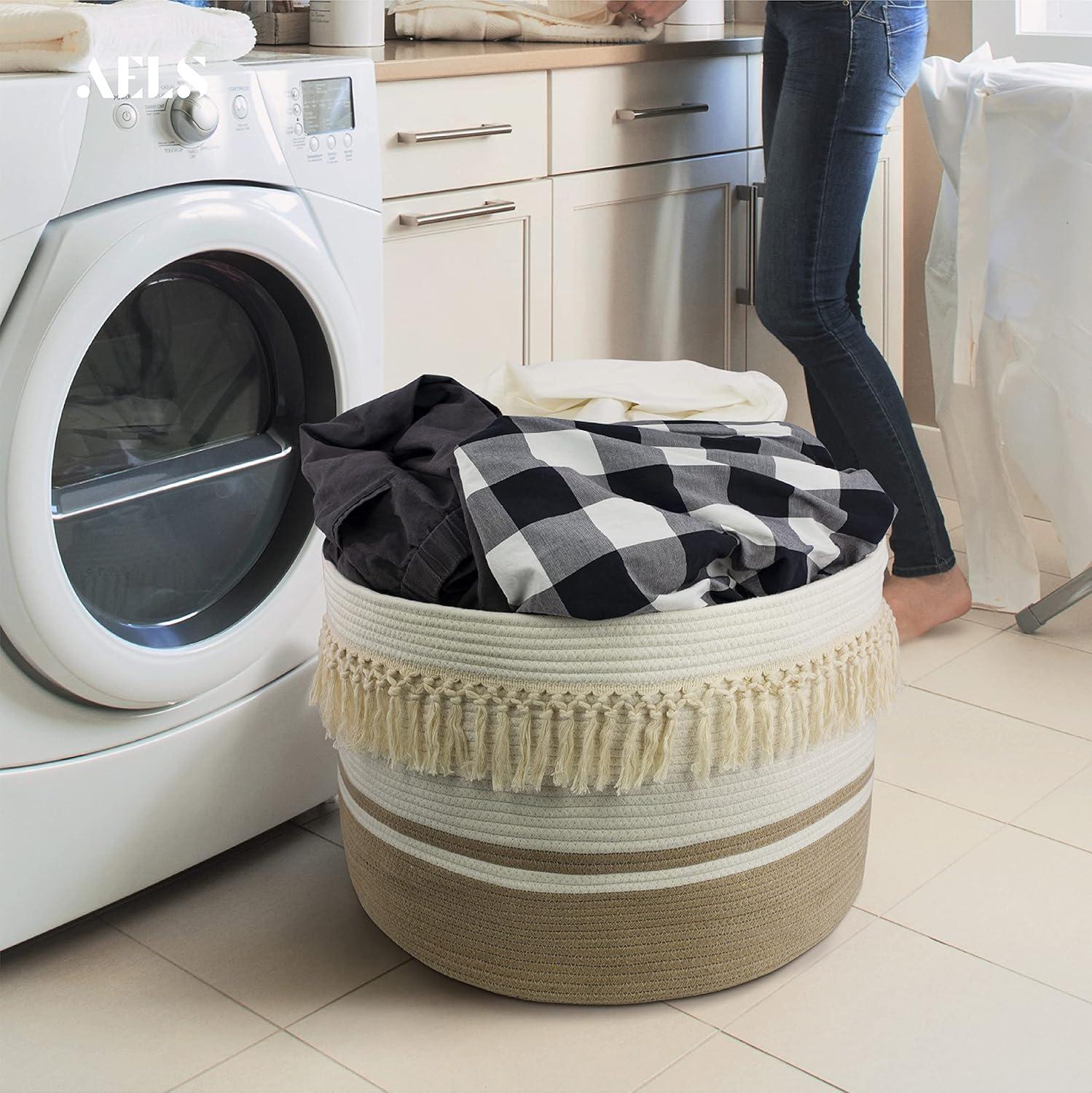 Extra Large Beige and White Round Woven Storage Basket