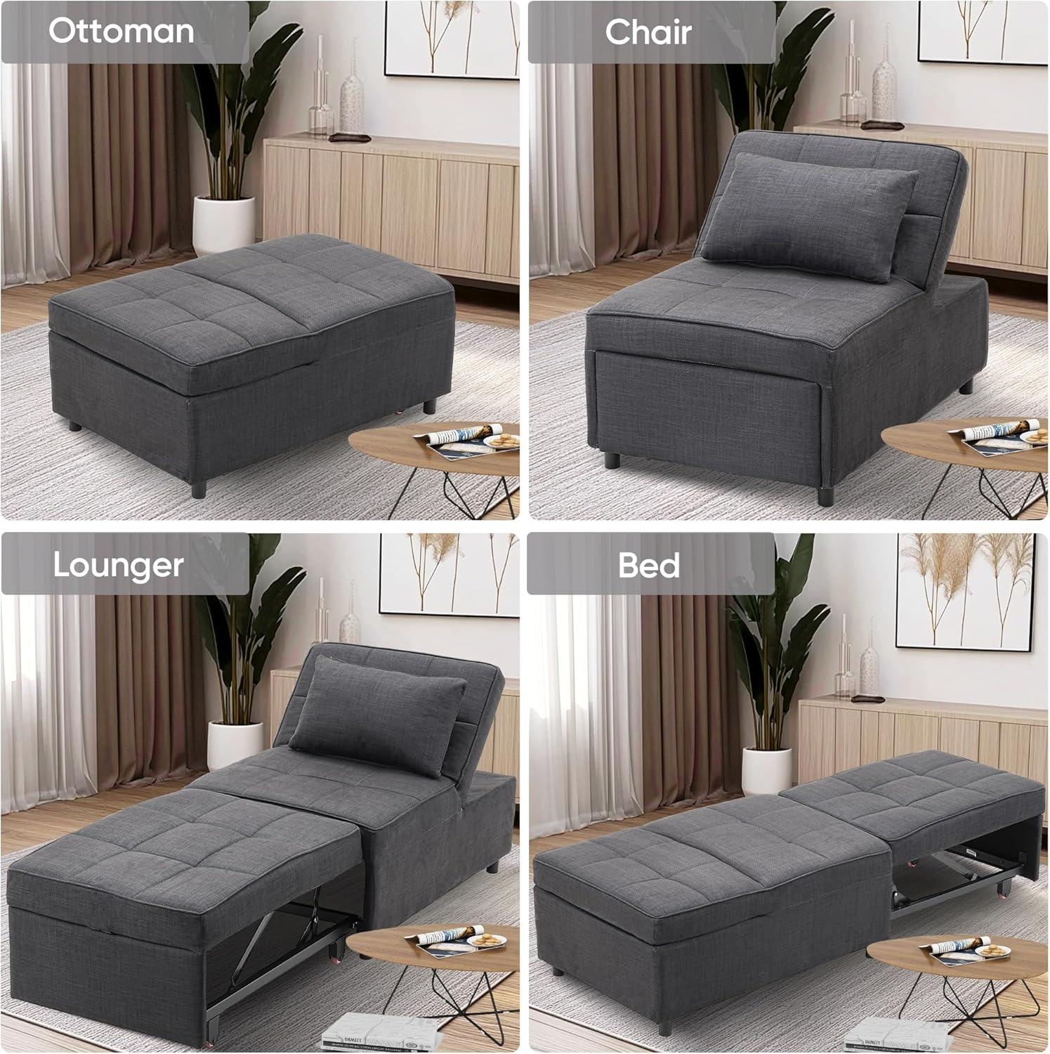 Ainfox 4-in-1 Convertible Sleeper Chair Bed Pull Out Sofa Bed Chaise Lounge for Home Office, Grey