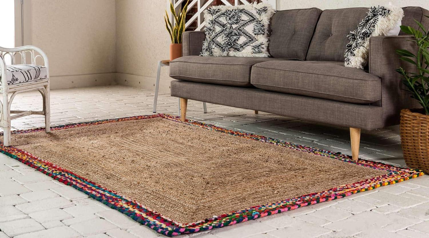 Hand-Braided Jute and Cotton Indoor Rug with Colorful Accents
