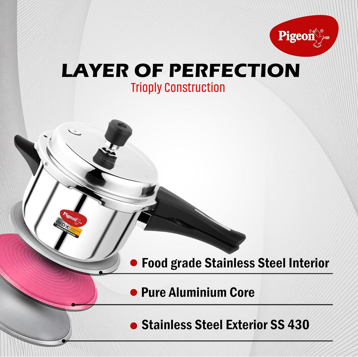 Pigeon Pressure Cooker - 3 Quart - Inox Stainless Steel Outer Lid Induction Base - Cook delicious food in less time: soups, rice, legumes, and more - 3 Liter