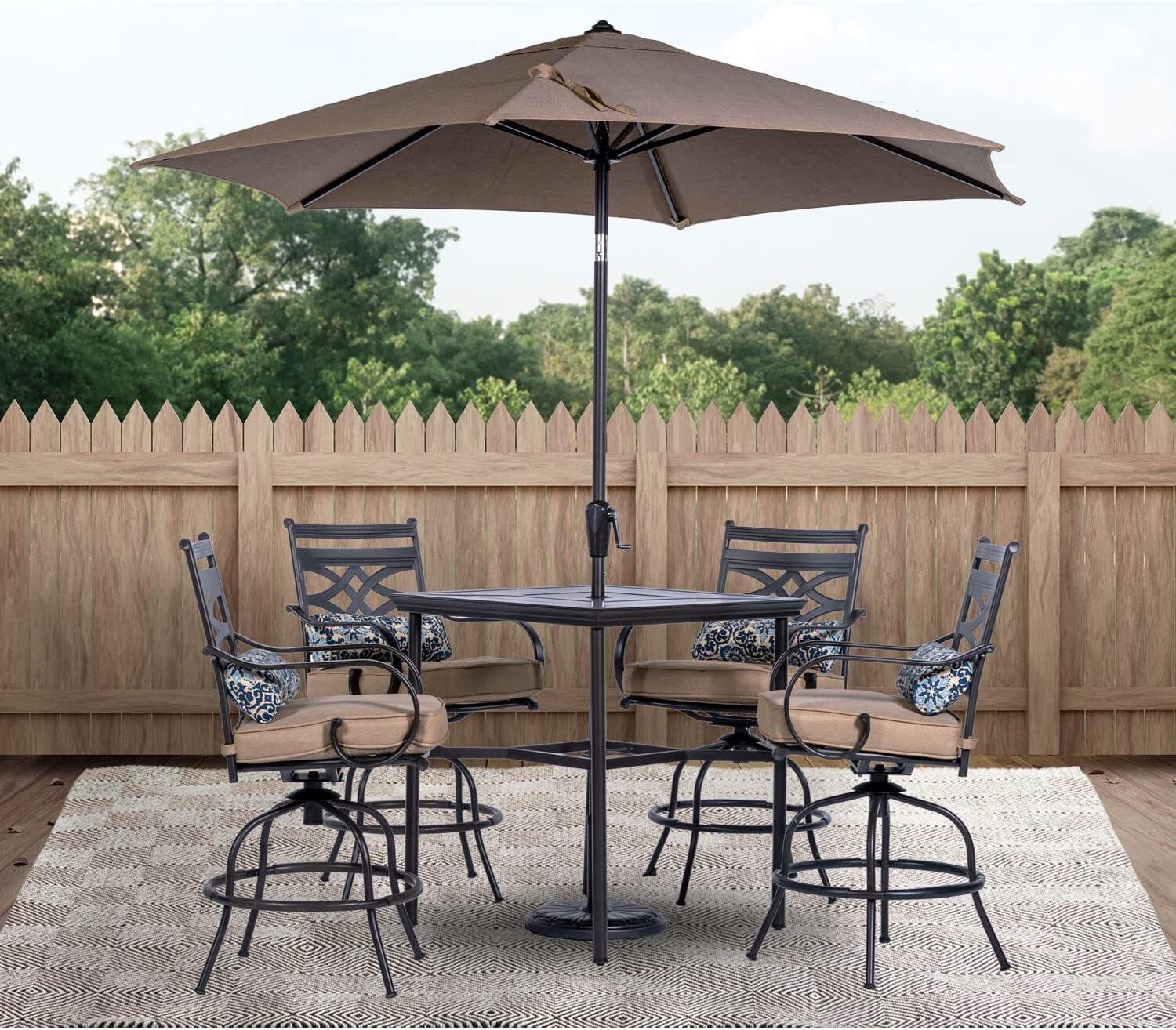 Hanover Montclair 5-Piece All-Weather Outdoor Patio High Dining Set, 4 Swivel Counter-Height Chairs with Comfortable Seat and Lumbar Cushions, 33" Square Stamped Rectangle Table, Umbrella, and Base