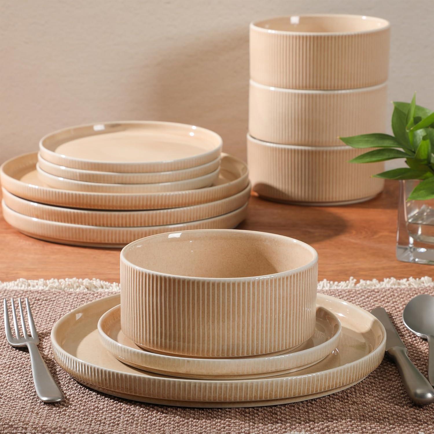 Gibson Elite Solana Coast 12 Piece Stoneware Reactive Glaze (Service for 4) Ceramic Plates and Bowls Modern Shape Embossed Dinnerware Set - Orange