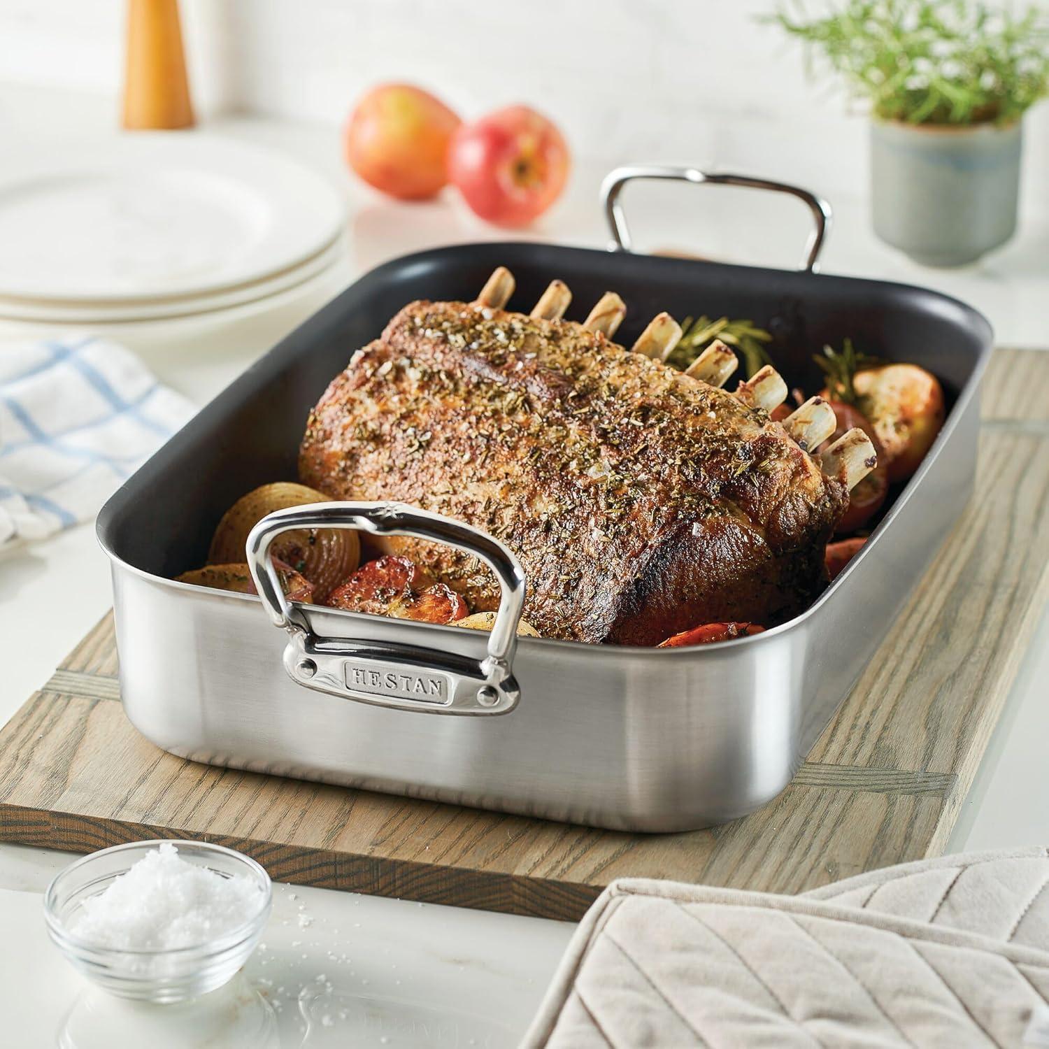 Large Silver Nonstick Roaster with Rack and Handles