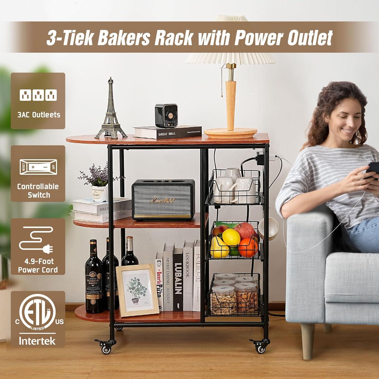 Kitchen Bakers Rack with Power Outlet, Microwave Stand with 3 Pull-Out Fruit Basket Storage, Coffee Bar Carts Table on 4 Wheels, 6 S-Hook Storage Shelf for Spice Rack Organizer Workstation, 33.9 inch