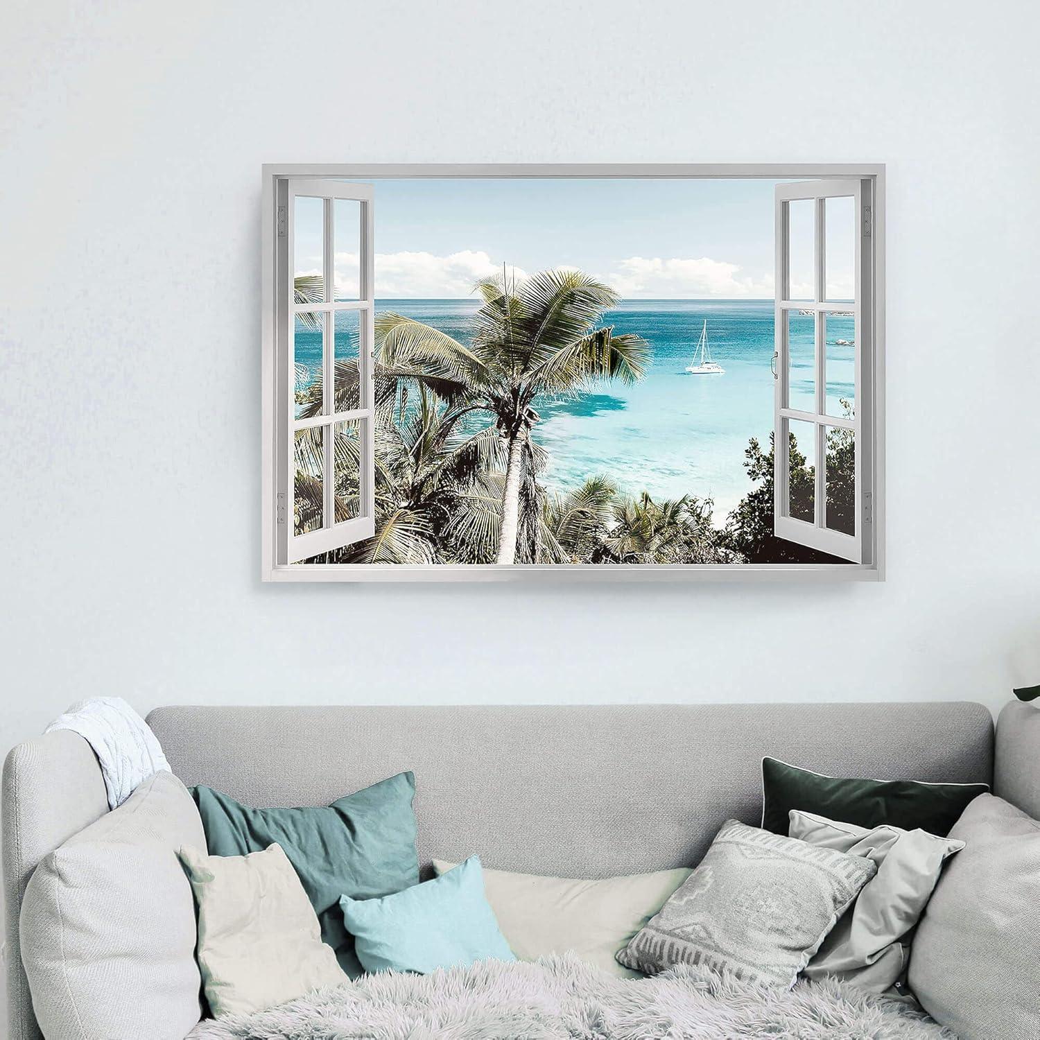 wall26 Canvas Print Wall Art Window View of Tropical Island Beach Paradise Nature Wilderness Photography Modern Art Rustic Scenic Colorful Ultra for Living Room, Bedroom, Office - 24"x36"