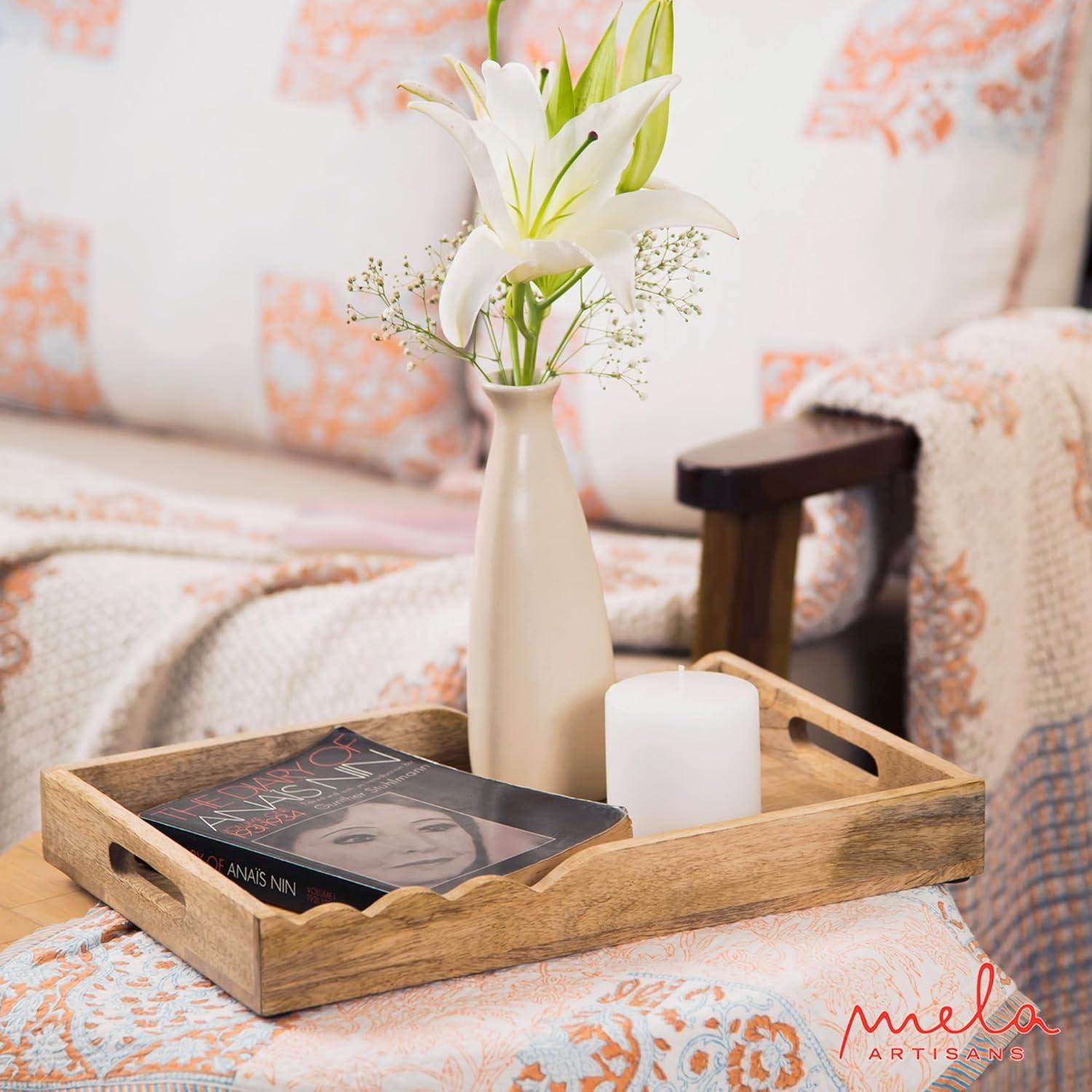 Mela Artisans Serving Tray with Elegant Scalloped Edges, Natural | 15" x 10" x 1.75" | Handcrafted Mango Wood Tray, Perfect for Breakfast, Tea/Coffee Serving, Home Décor, or Organizing