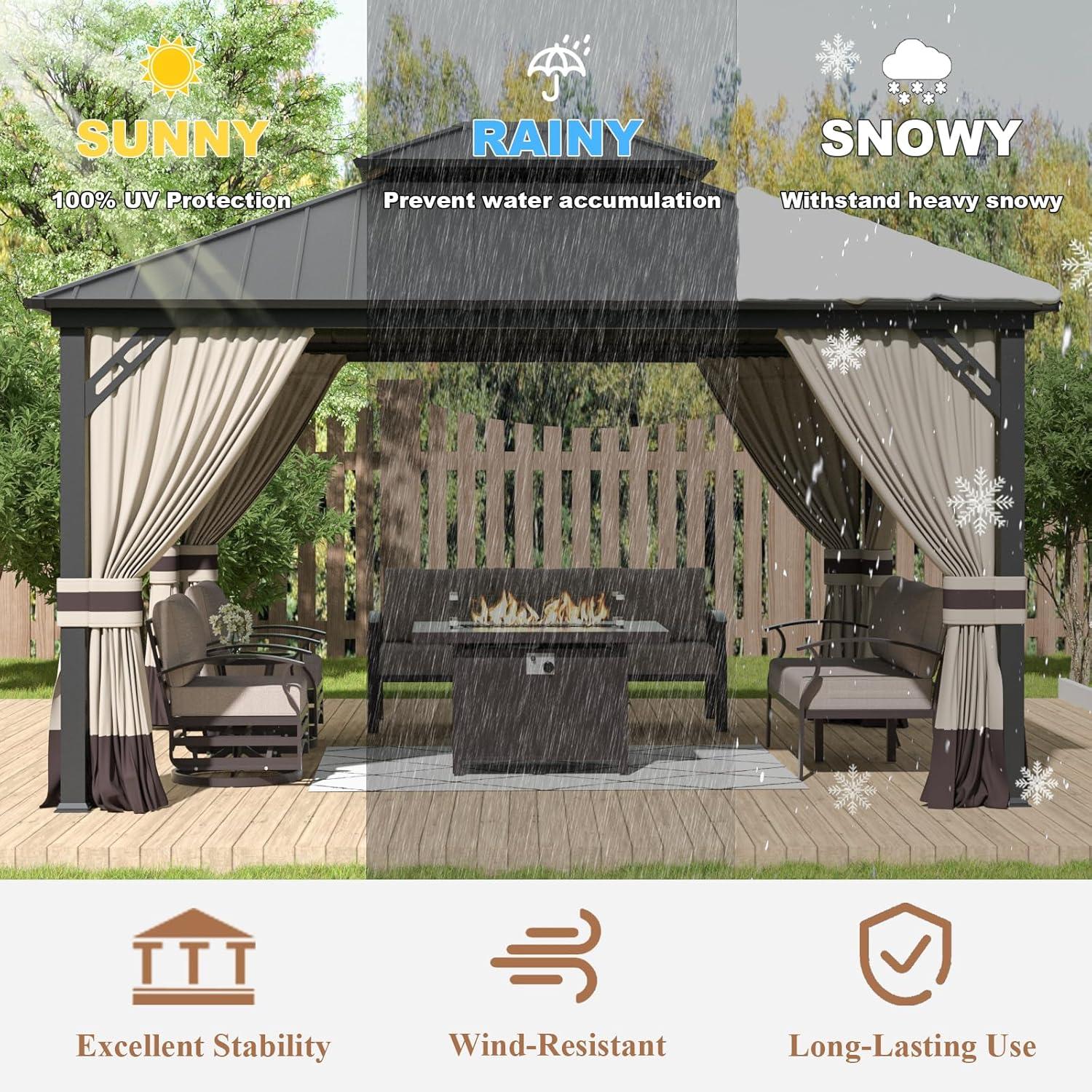 10 ft. x 12 ft. Brown Hardtop Wall Mounted Gazebo with Sloping Pitched Roof and Curtain Sand