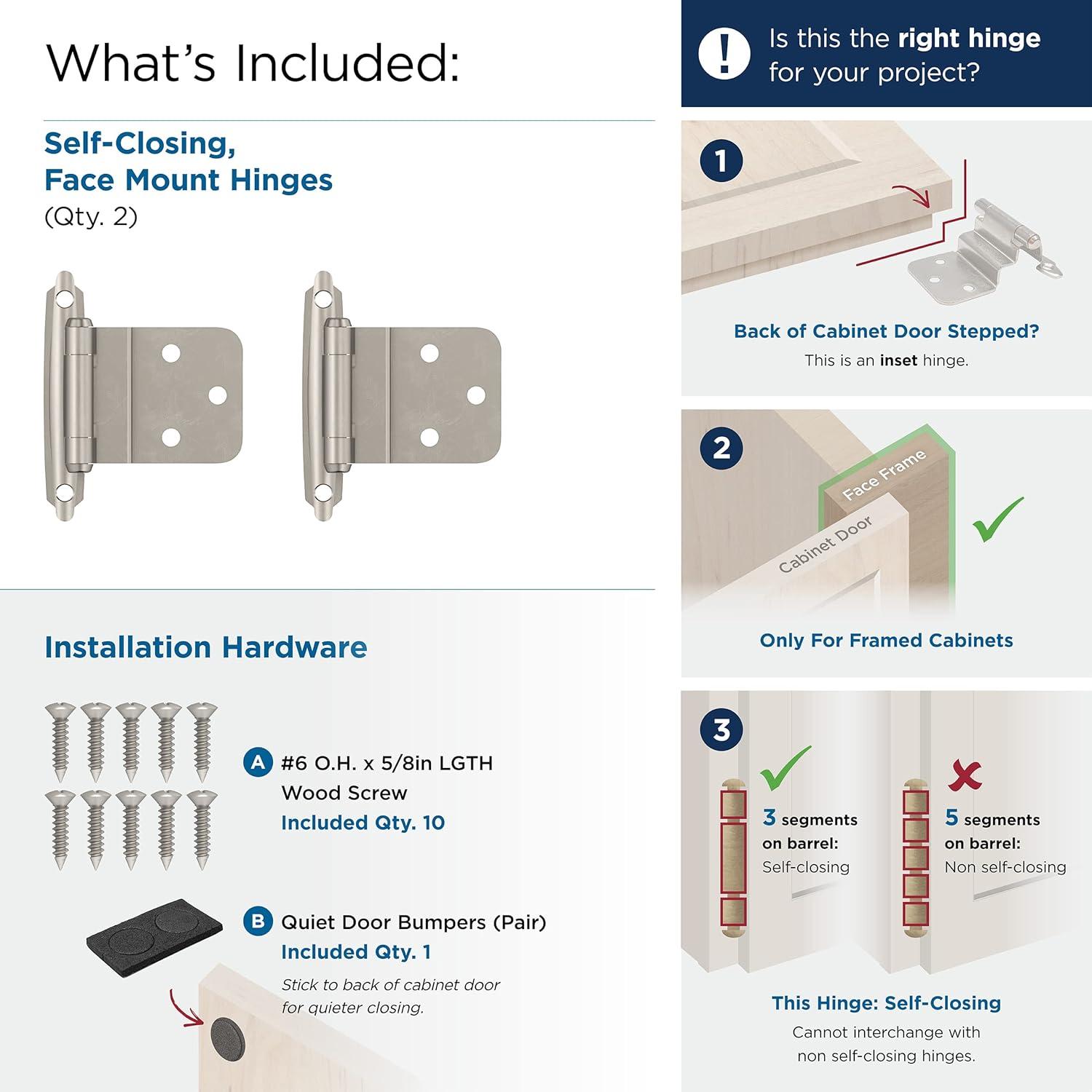 Satin Nickel Self-Closing Inset Cabinet Hinges, 10-Pack