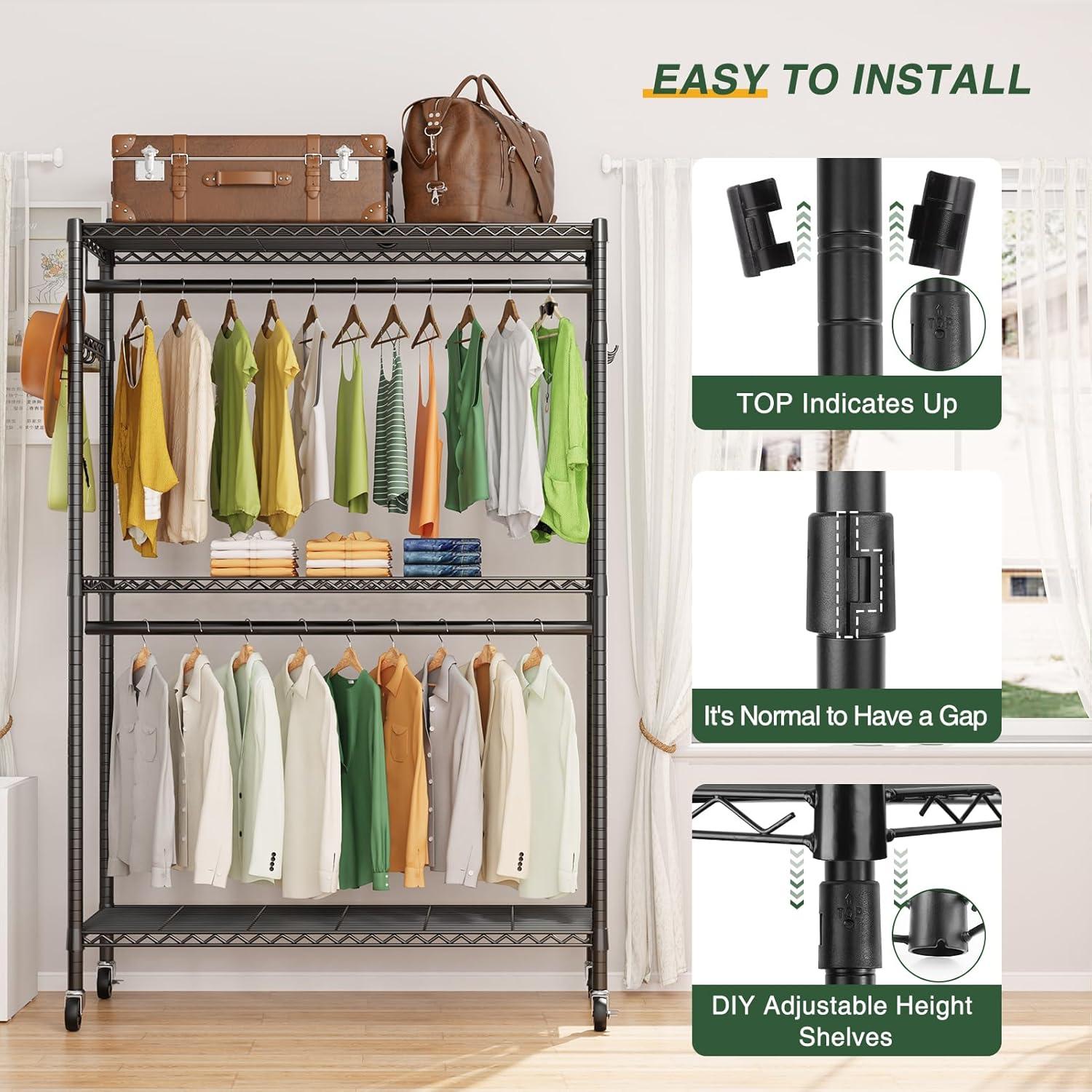 LEHOM G1L 3 Tiers Garment Rack with Storage Shelves, Heavy Duty Rolling Free-Standing Clothing Rack Closet Organizer with Double Rods/Lockable Wheels & 2 Pairs Side Hooks, Max Load 450 LBS, Black