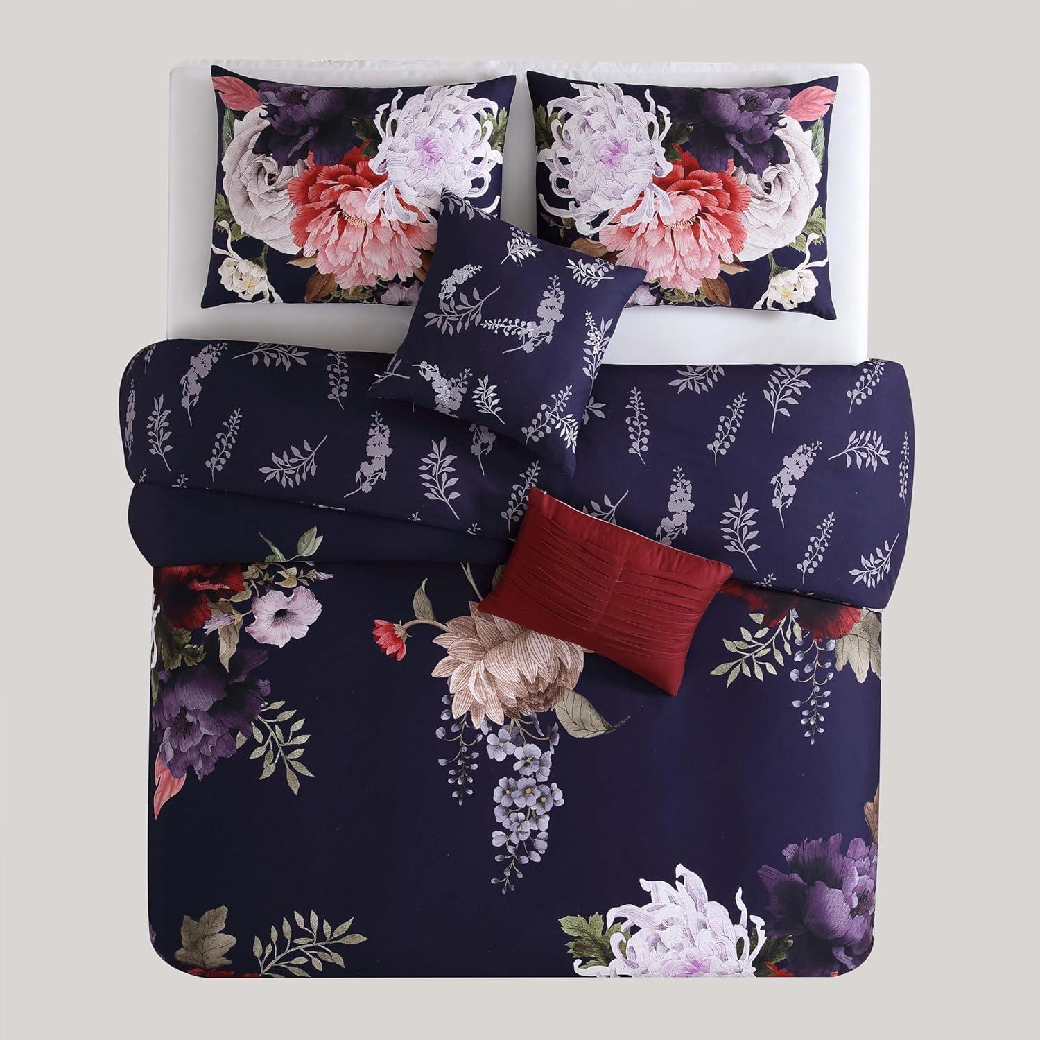 Queen Purple Floral Cotton Reversible Comforter Set