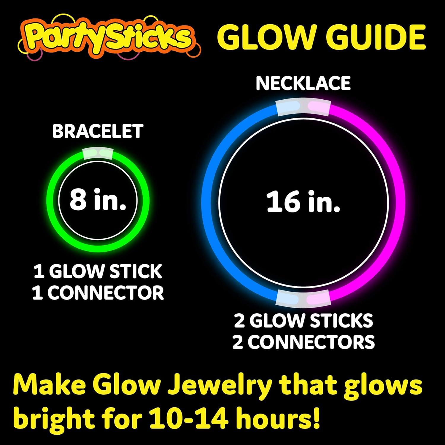 PartySticks 300 Ultra Bright Glow Sticks Jewelry Bulk Party Favors and Connectors - 8" Glow in The Dark Party Supplies, Neon Party Glow Necklaces and Glow Bracelets for Kids and Adults