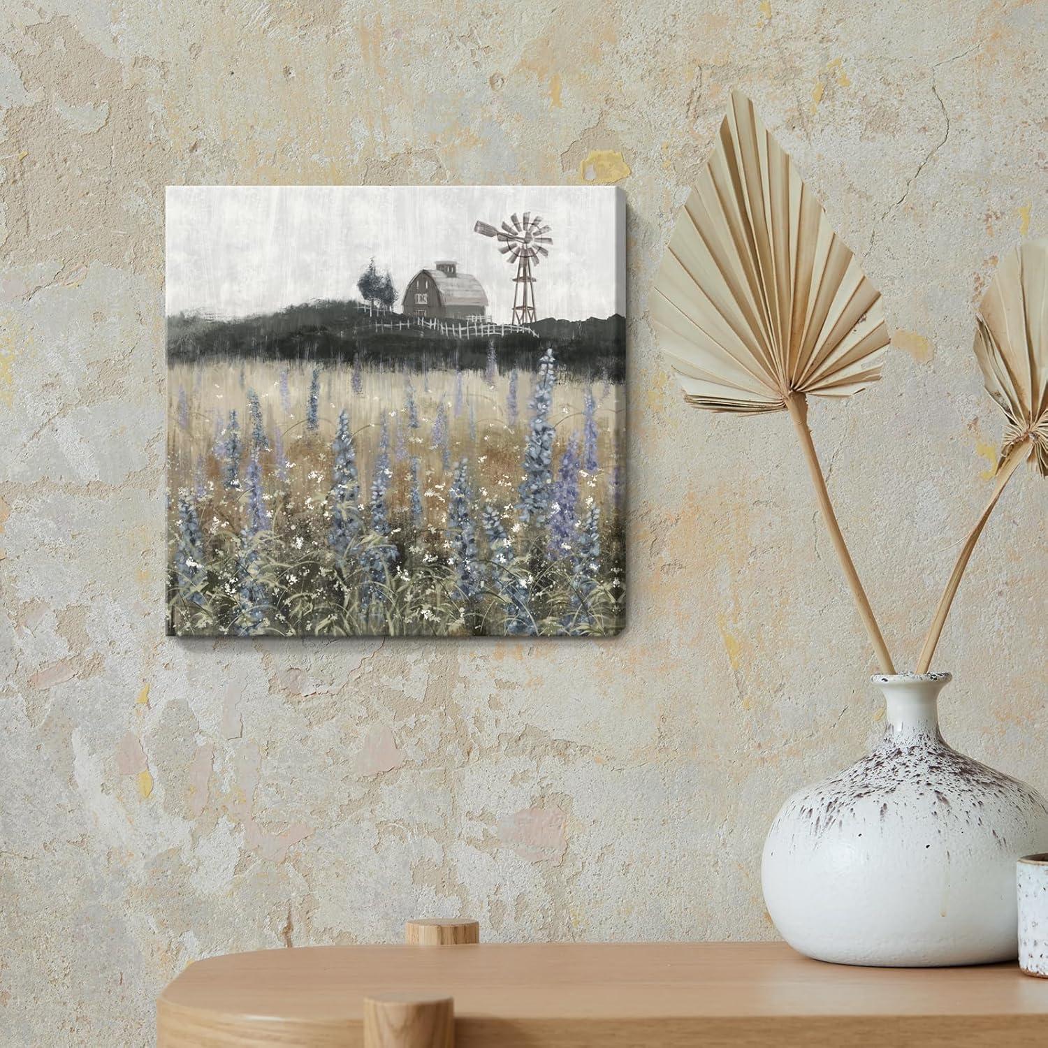 Vintage Farmhouse Landscape Canvas Print with Windmill and Barn, 14x14