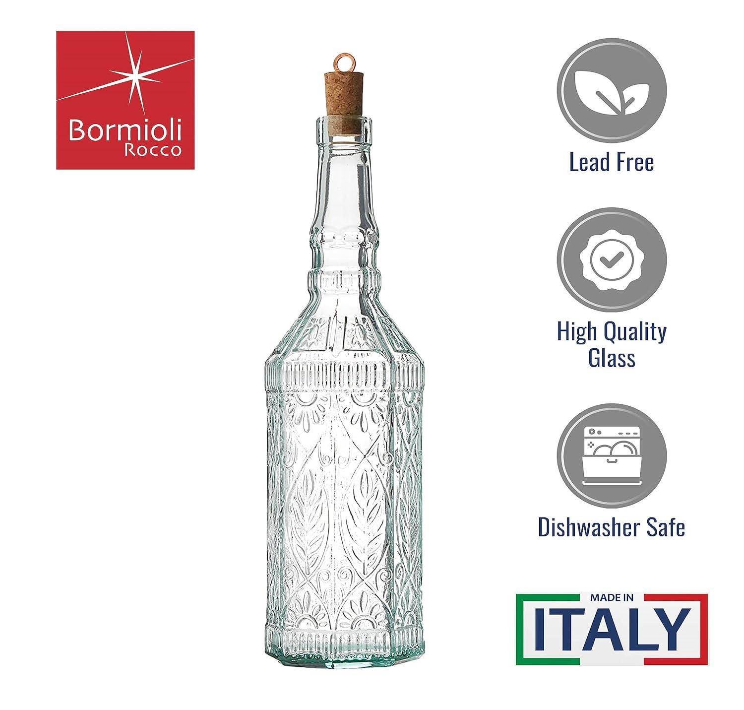 Bormioli Rocco Set Of 2 Country Home Fiesole Bottle, 24-ounce With All Natural Cork Lid, Blue-green Tinted Star Glass, Elegant And Floral Design Made In Italy