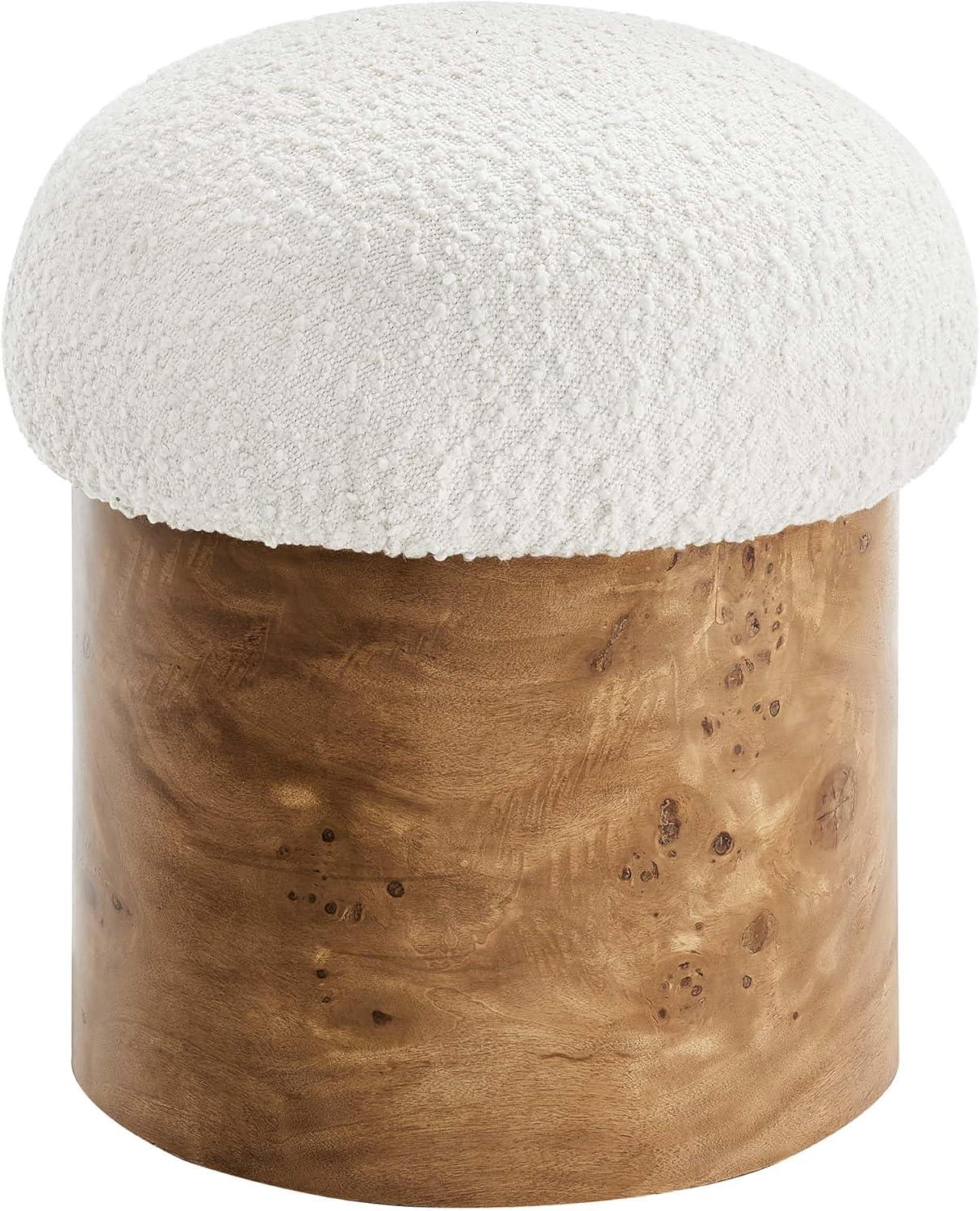 Ivory Boucle and Burl Wood Round Mushroom Ottoman