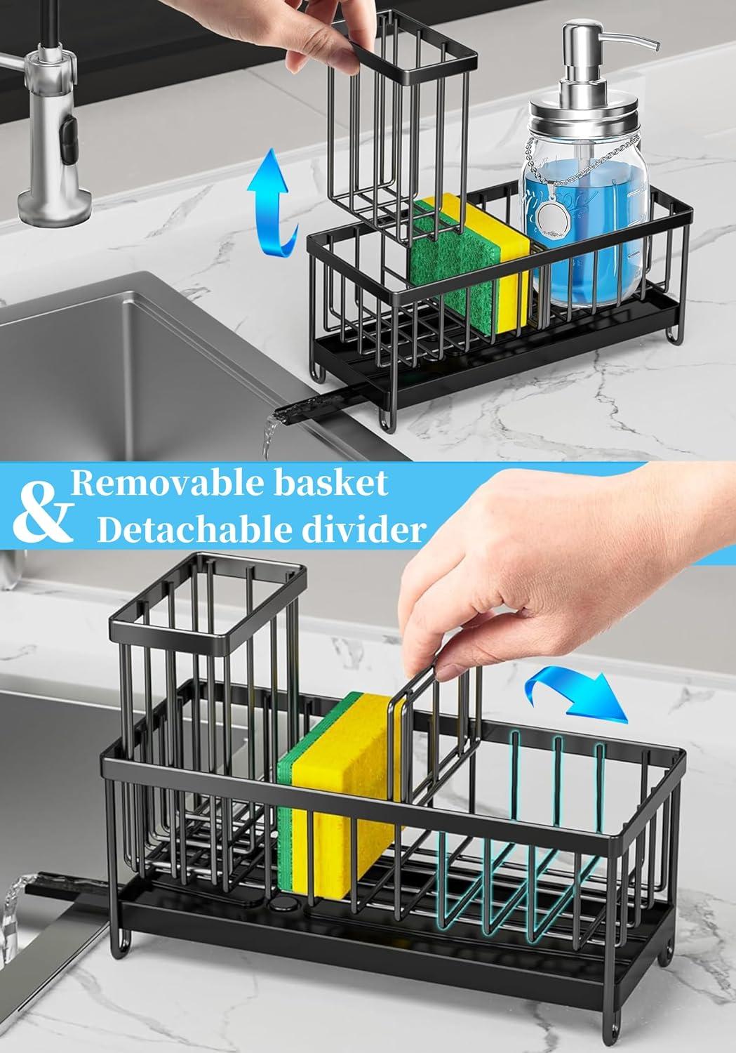 Kitchen Sink Caddy Sponge Organizer, 304 Stainless Steel Holder for Sink,Countertop with Removable Drain Tray with Diversion Drainage