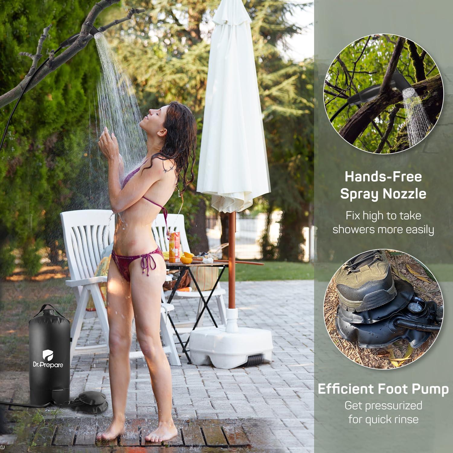 Black PVC Portable Camping Shower with Foot Pump, 5 Gallons