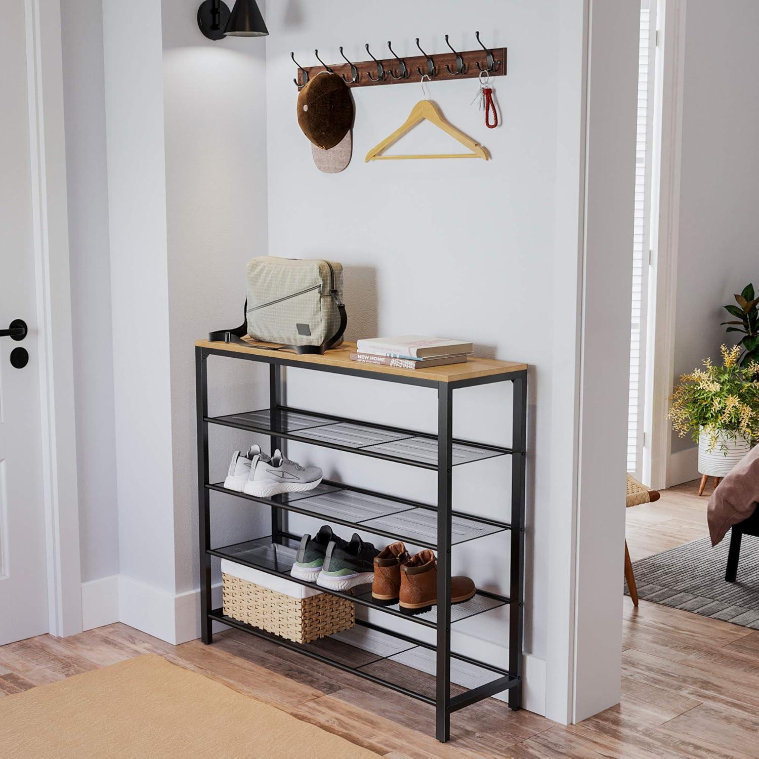 Industrial Black and Brown 5-Tier Metal Shoe Rack