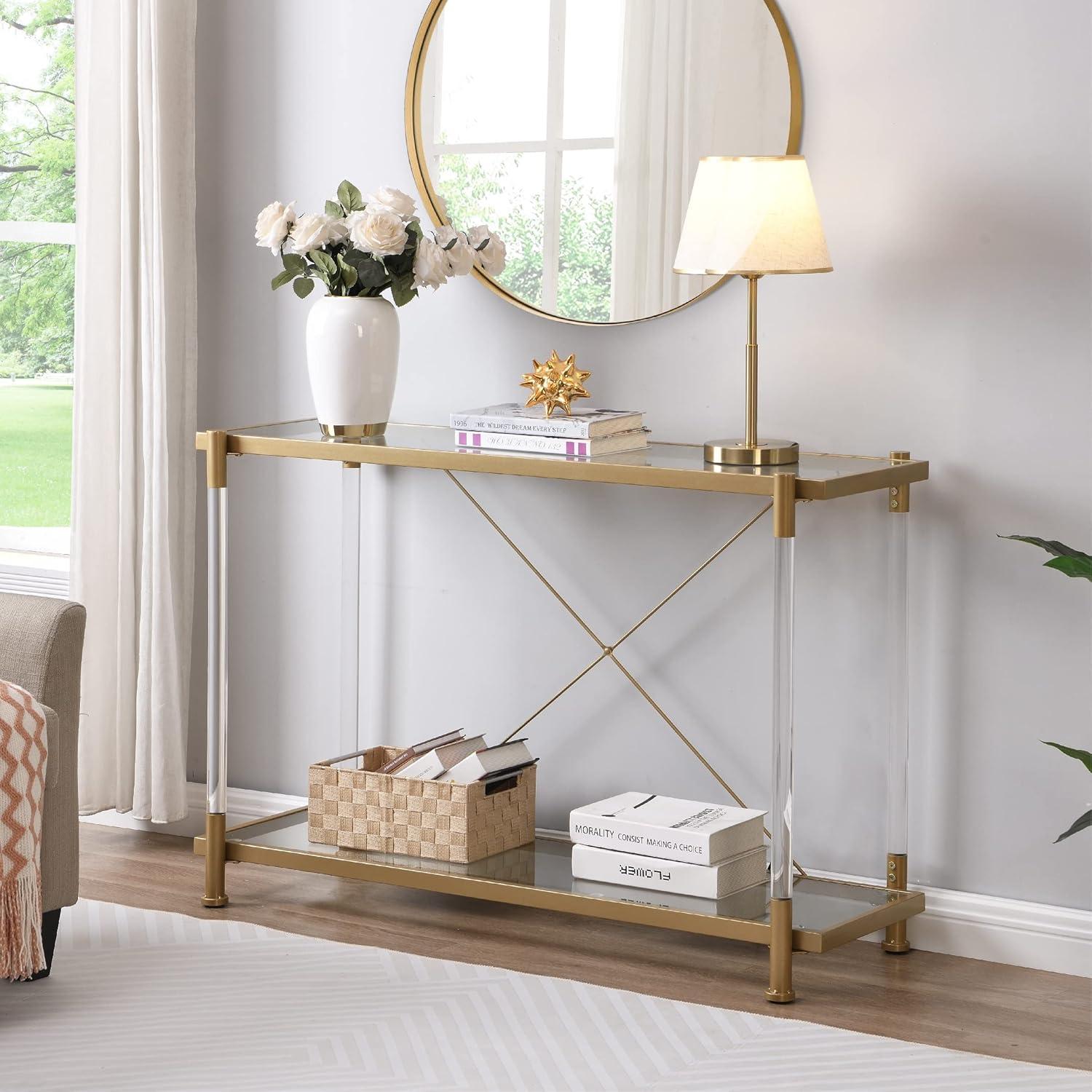 Gold Glass Console Table with Acrylic Legs and Storage