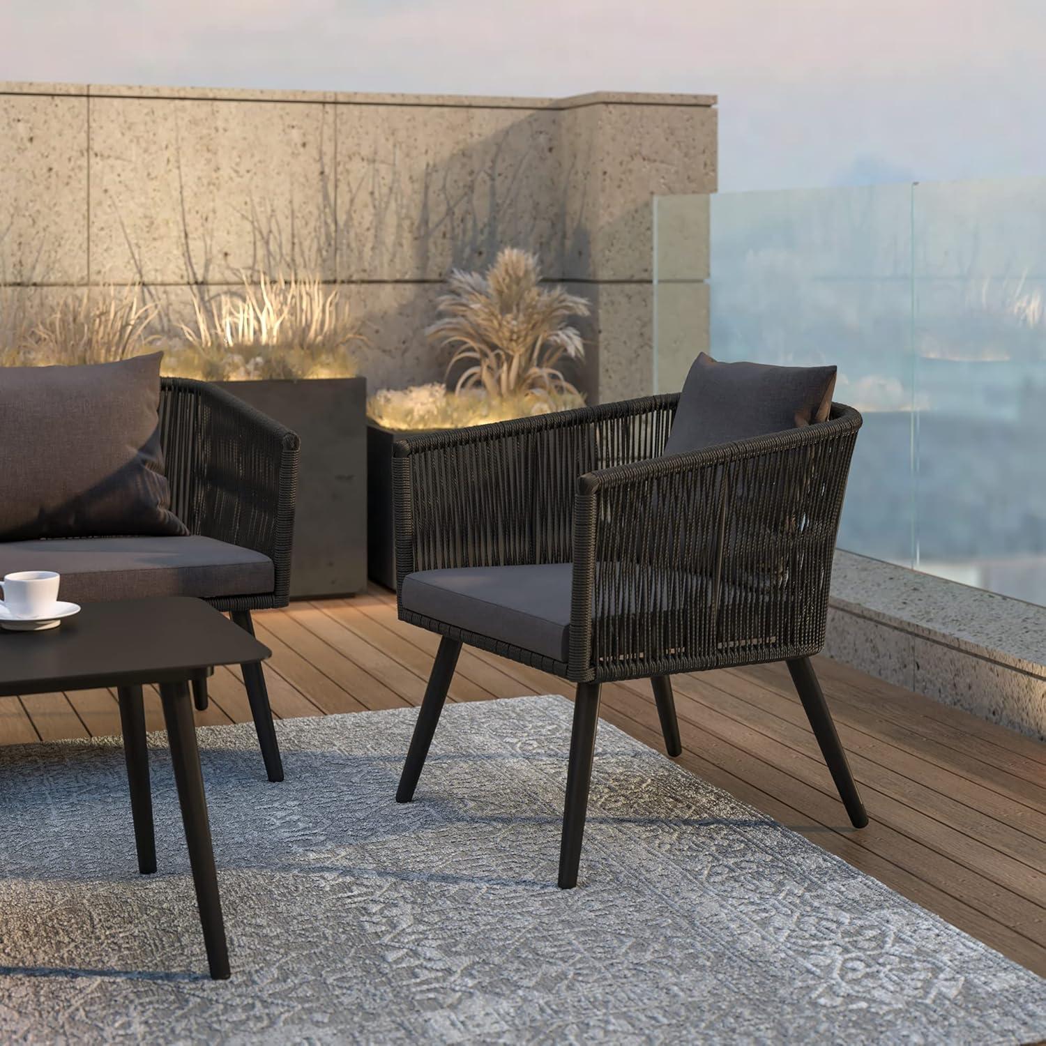 Flash Furniture Kierra Black All-Weather 4-Piece Woven Conversation Set with Gray Zippered Removable Cushions & Metal Coffee Table