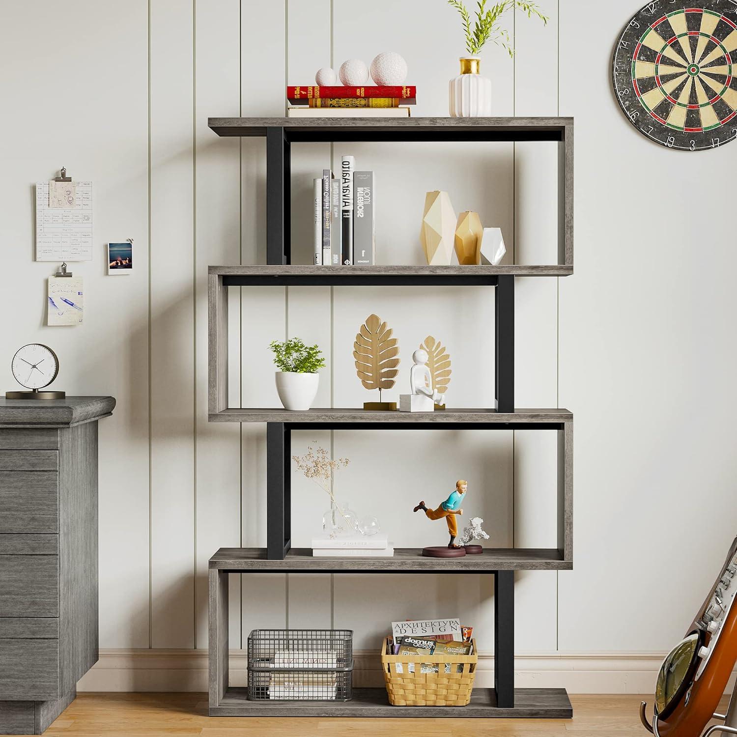 Satiny 5-Tier Bookshelf, S-Shaped Z-Shelf Bookshelves and Bookcase, Industrial Freestanding Multifunctional Decorative Storage Shelving for Living Room Home Office, Gray + Black