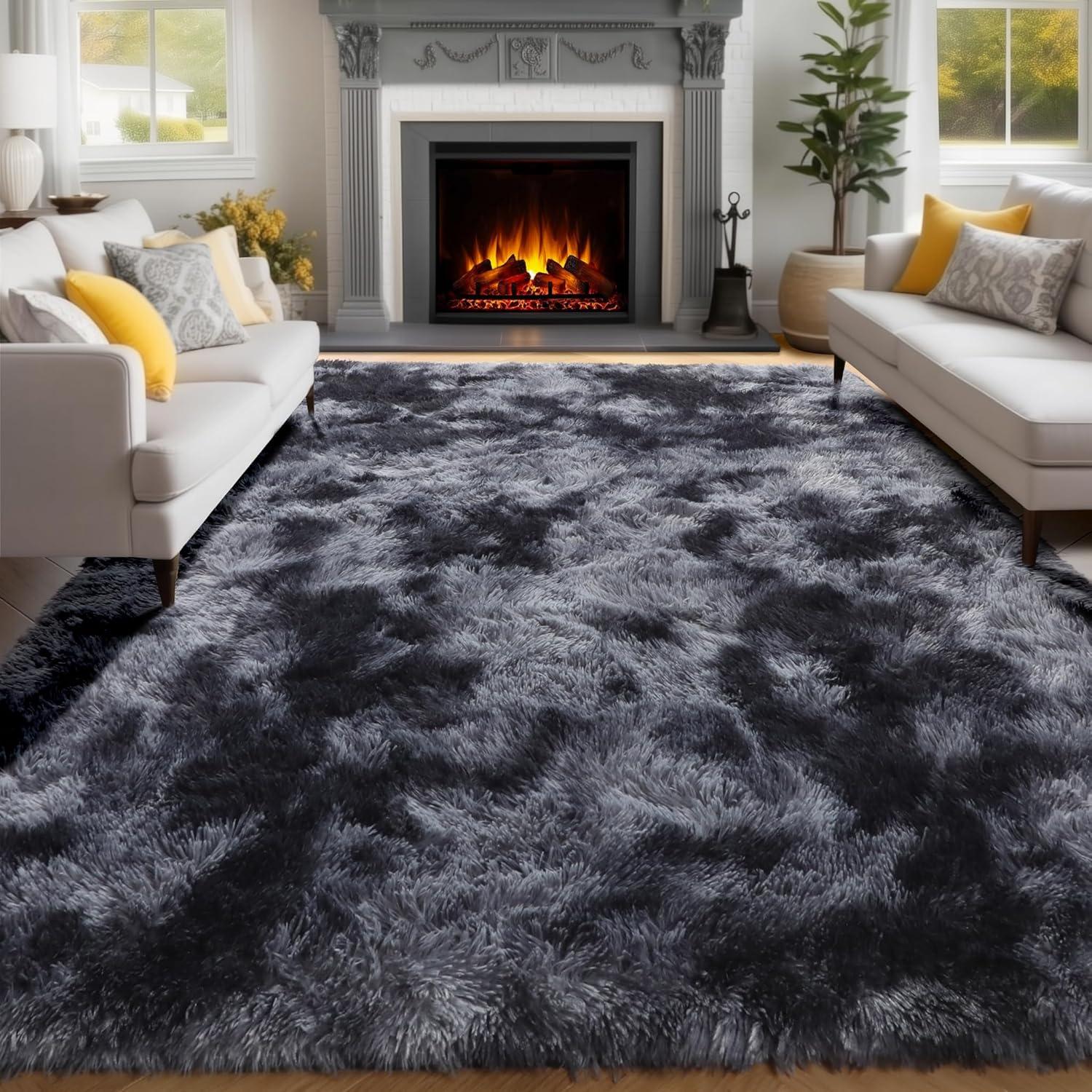 PAGISOFE Abstract Shaggy Area Rug 4' x 6' Plush Furry Rugs for Living Room, Tie-Dyed Dark Grey Soft Fluffy Rugs for Bedroom Grils Boys, Fuzzy Rugs for Nursery, Dorm. Shag Carpet for Kids Room Decor