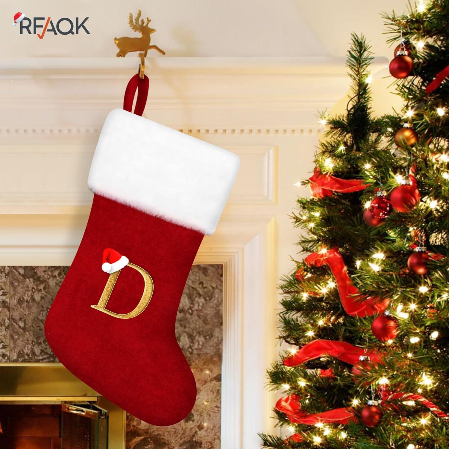 20 Inches Monogrammed Christmas Stockings,Letter F Personalized Christmas Stockings Red Stocking for Christmas Plush Cuffs Initial Christmas Stockings Holiday Xmas Gift