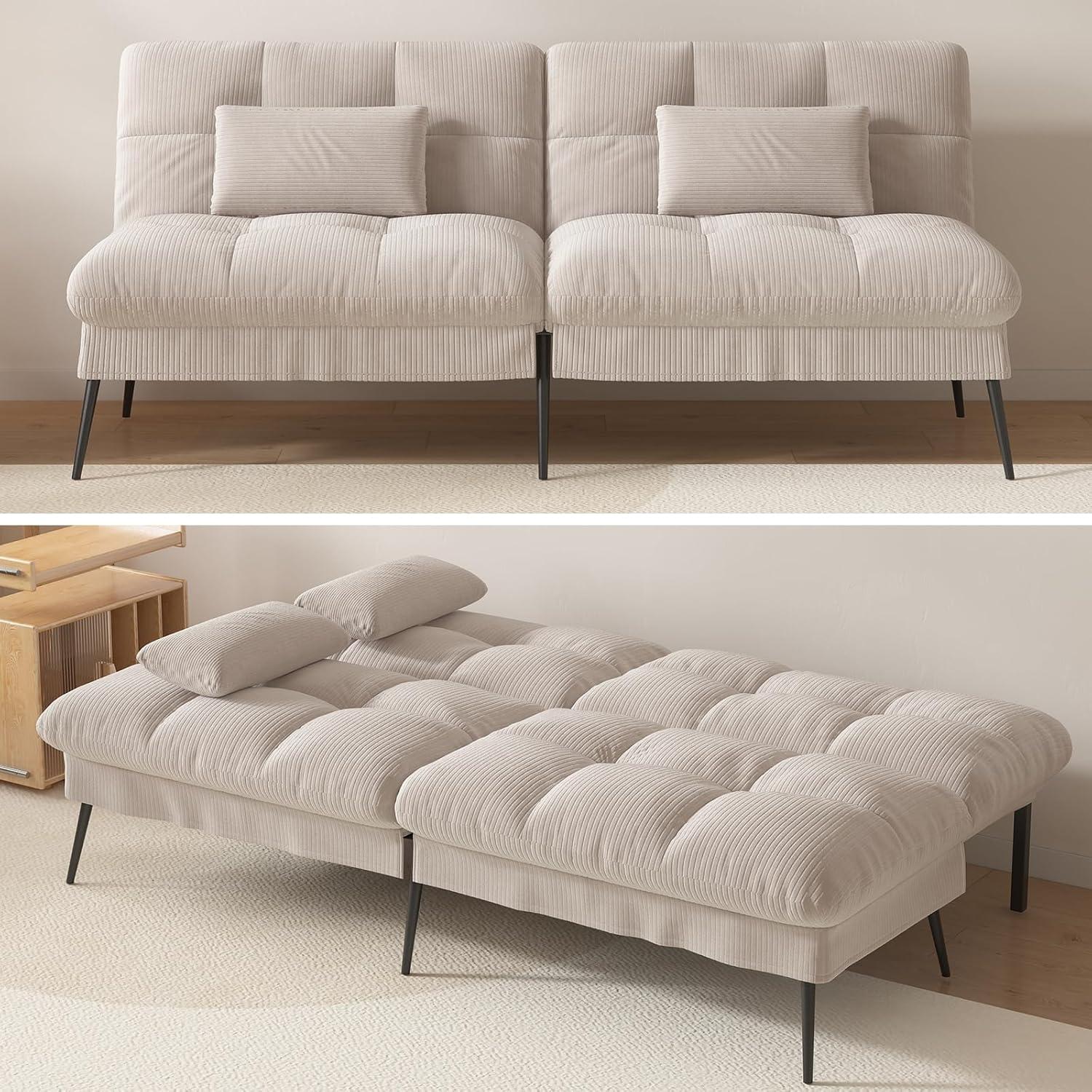 COMHOMA Convertible Futon Sofa Bed, Corduroy Velvet Futon Couch, Sleeper Sofa, Cream
