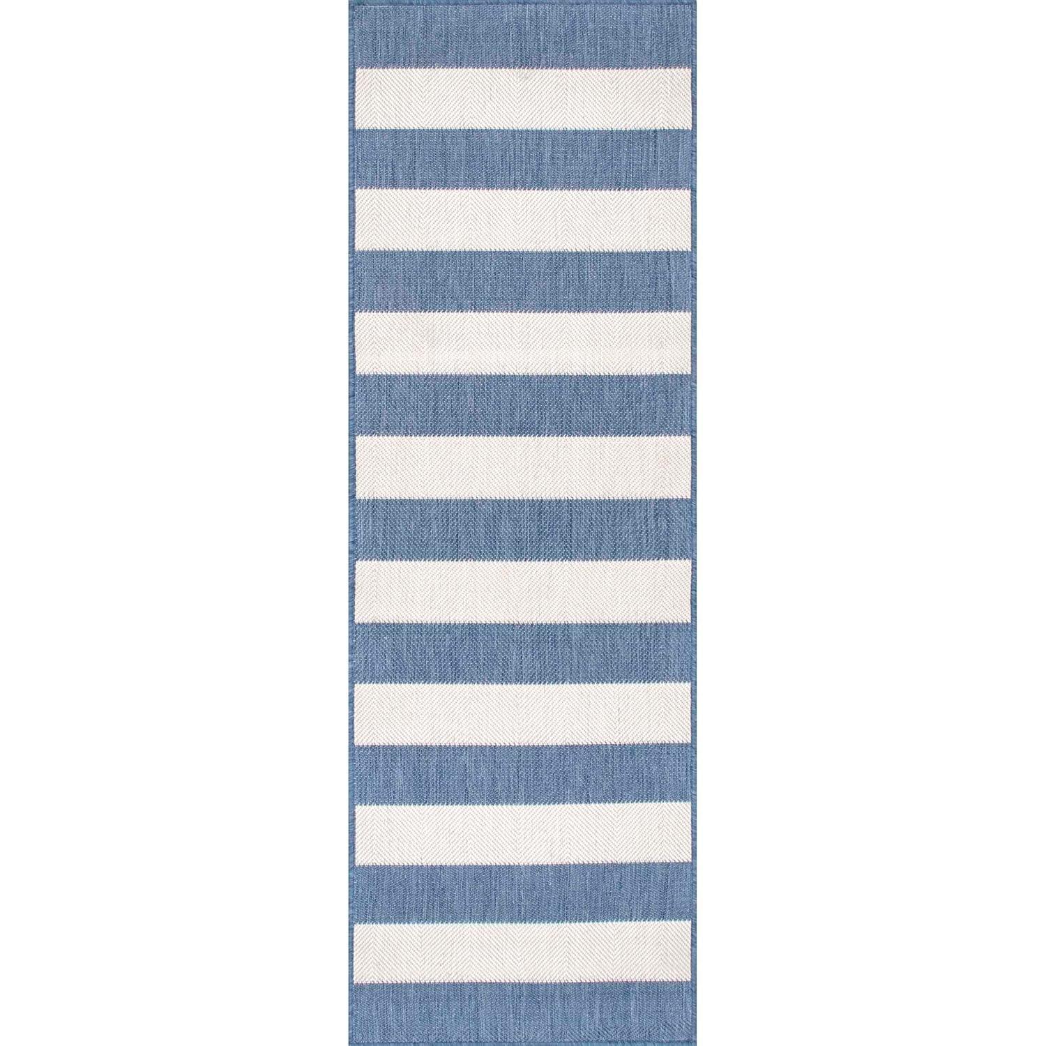 Nuloom Alexis Striped 2x8 Indoor/Outdoor Runner Rug for Living Room Patio Deck Front Porch Entryway Hallway Kitchen, Blue/Ivory