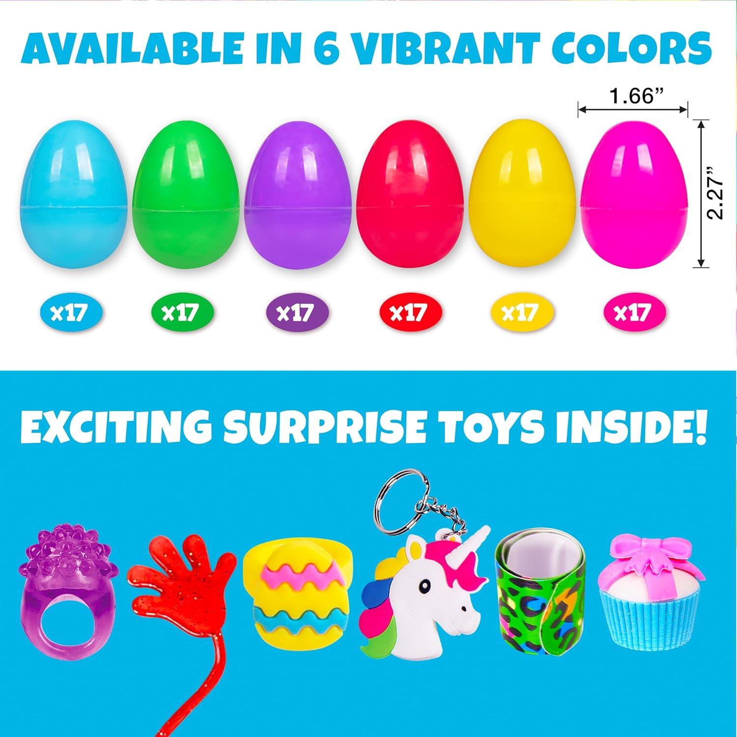 Giraffe 100 Pack Premium Prefilled Easter Eggs - Toy Filled Bulk Plastic Eggs for Kids with Slap Bracelets, Stickers, Light Up Rings - Perfect for Easter Egg Hunts - Bulk Prefilled Easter Eggs Toys!