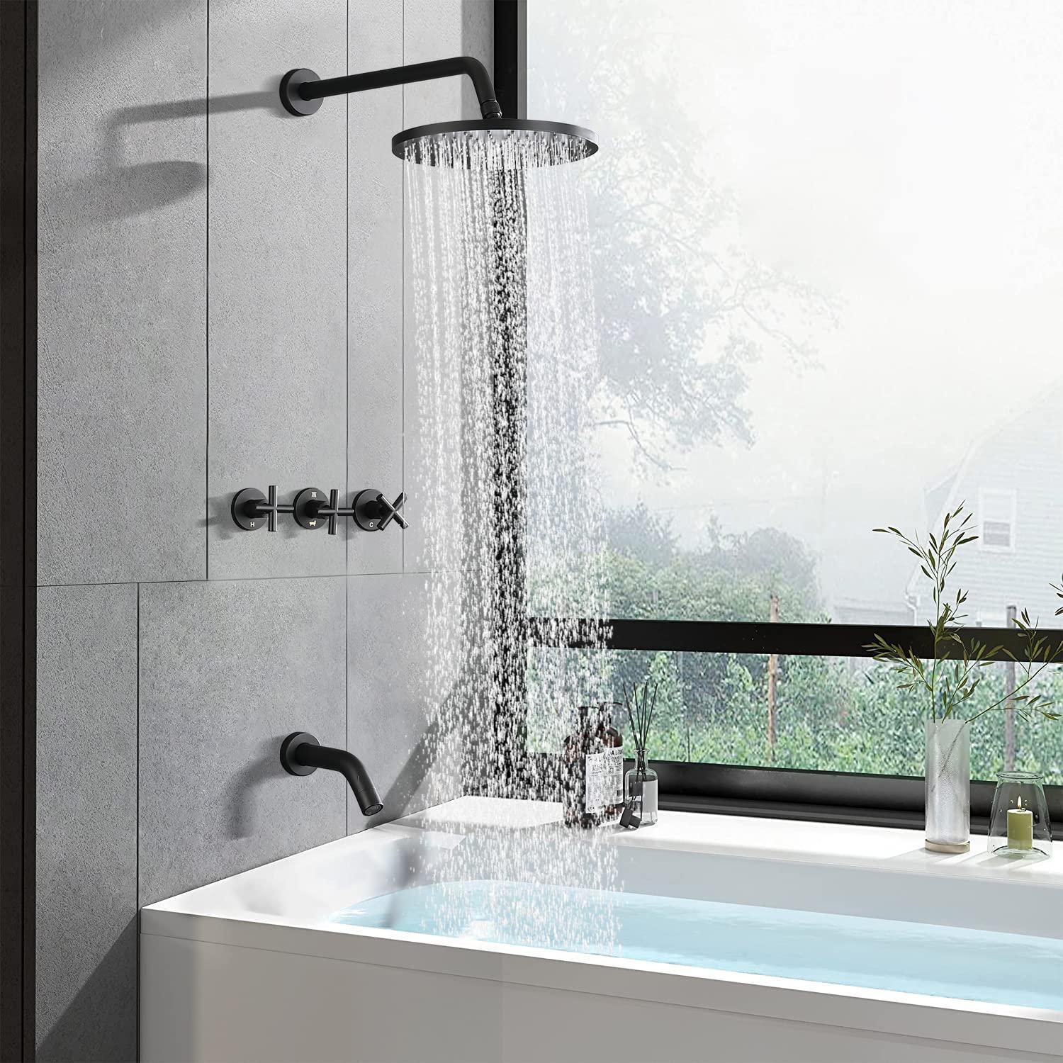 Matte Black 10-Inch Rainfall Shower Faucet Set with Brass Valve