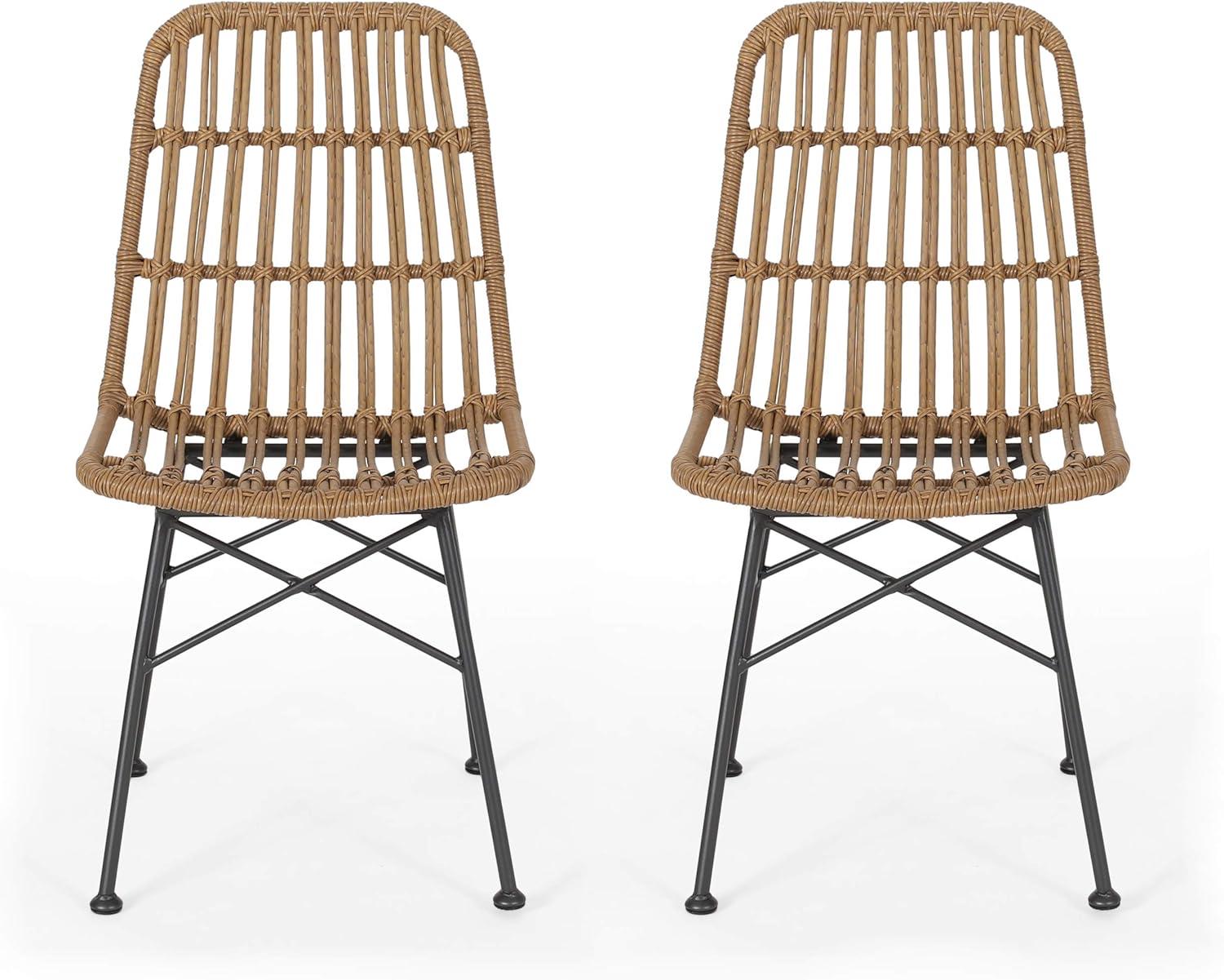 GDFStudio Outdoor Wicker Dining Chair (Set of 2), Light Brown and Black