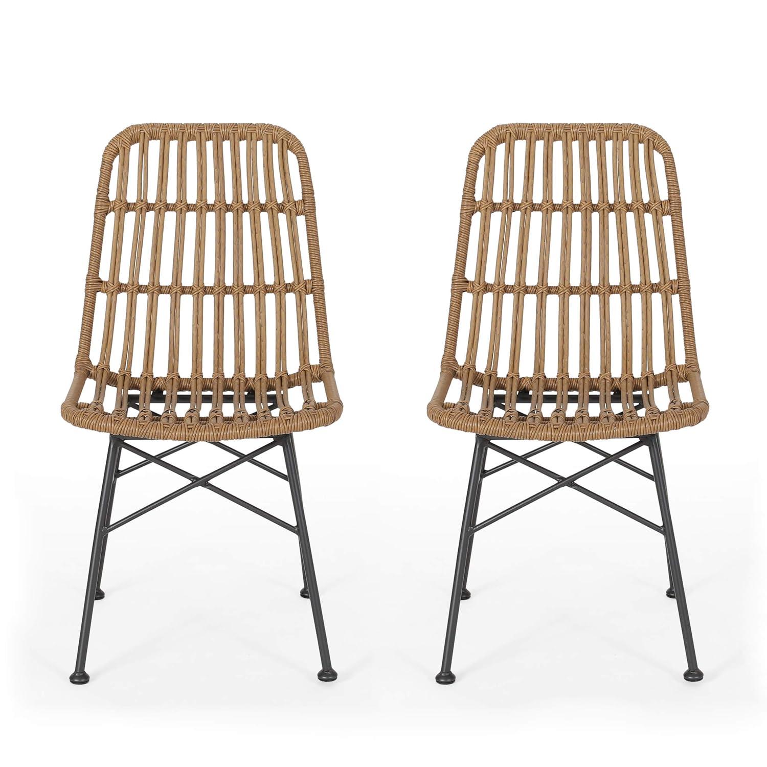 GDFStudio Outdoor Wicker Dining Chair (Set of 2), Light Brown and Black