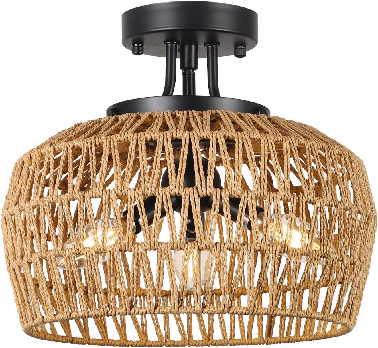 ACE-LIGHTS,3-Lights Semi Flush Mount Boho Chandelier Ceiling Light,Rattan Light Fixture Ceiling Mount with Handmade Wicker Lampshade for Bedroom,Living Room,Hallway,Kitchen(Brown)