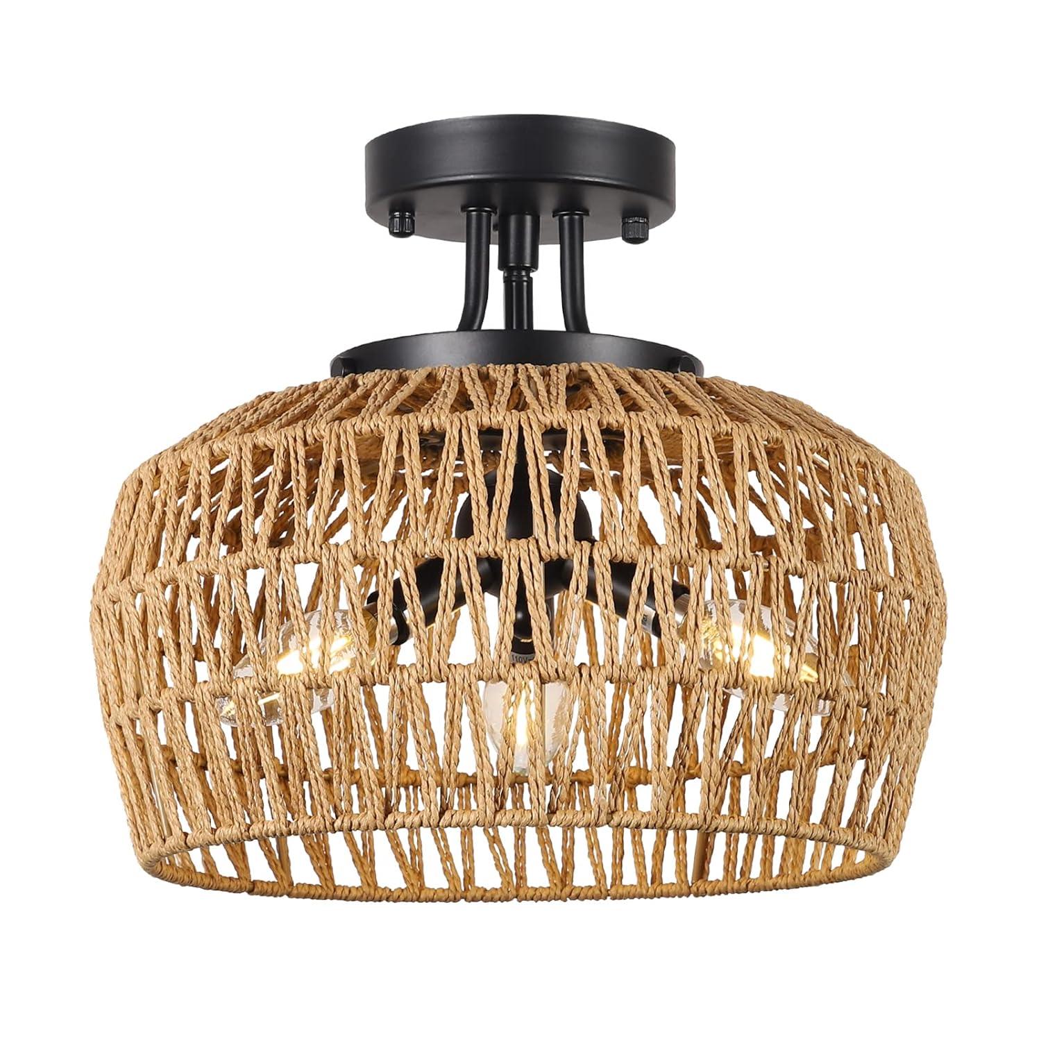 ACE-LIGHTS,3-Lights Semi Flush Mount Boho Chandelier Ceiling Light,Rattan Light Fixture Ceiling Mount with Handmade Wicker Lampshade for Bedroom,Living Room,Hallway,Kitchen(Brown)