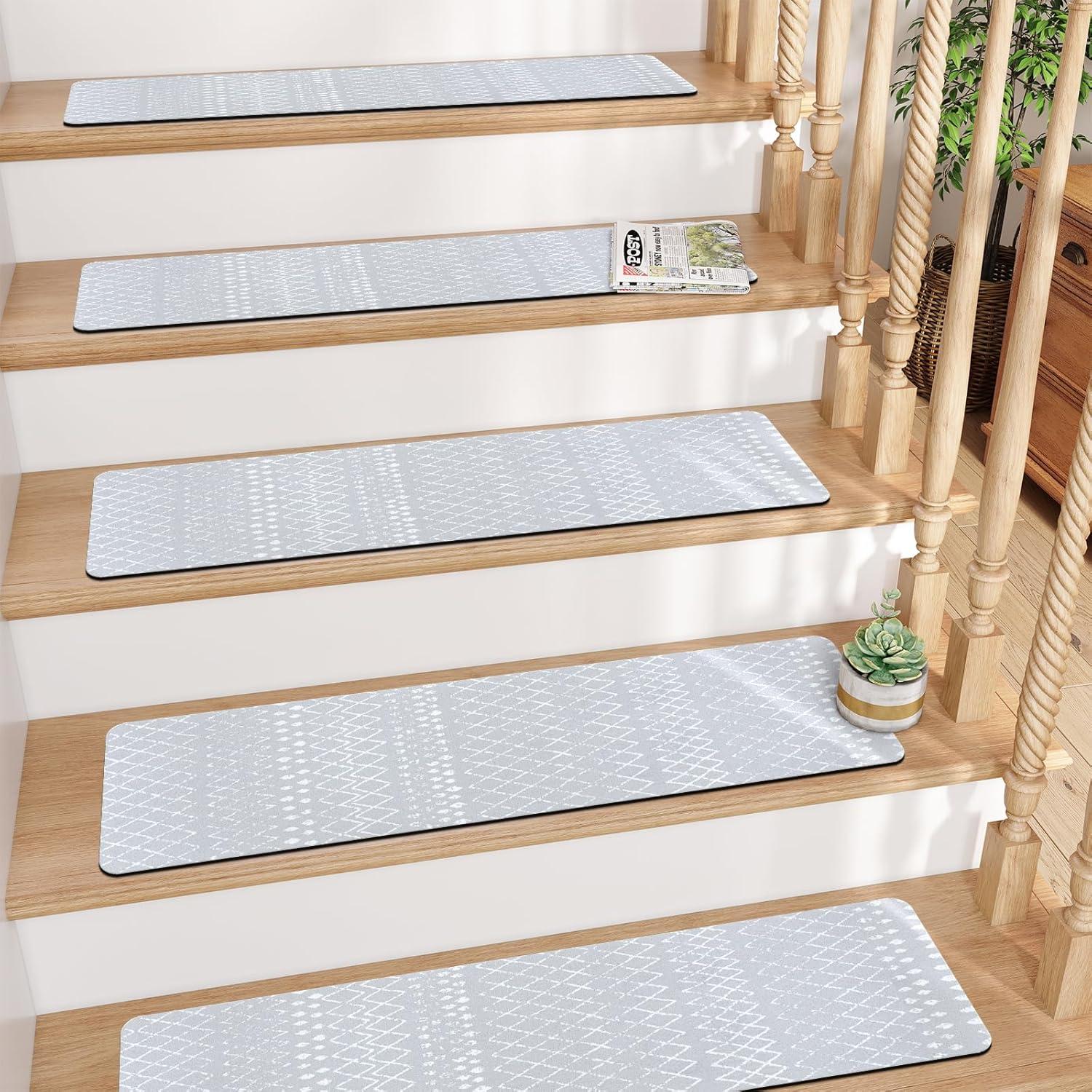 Bungalow Rose Stair Treads Non Slip For Wooden Steps, 15PCS 8"X30" Grey Rubber Backing Stair Runner Mats, Washable Reusable Carpet For Stairs Rugs Indoor Safety Staircase Step Treads For Kids Elders Dogs