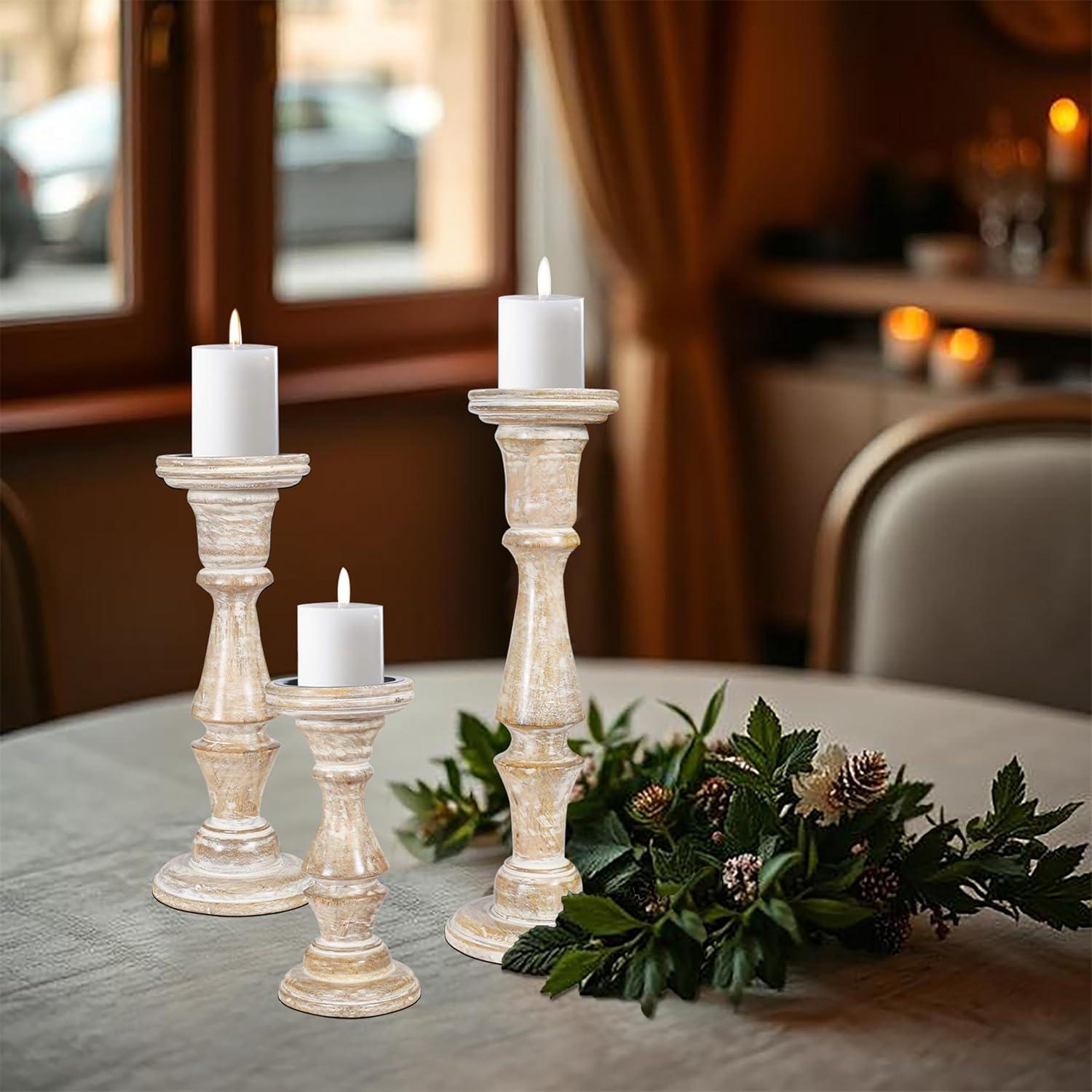 DecMode Traditional and Timeless Mango Wood Pillar Candle Holder Set of 3, 6", 8", 10"H, Cream Finish