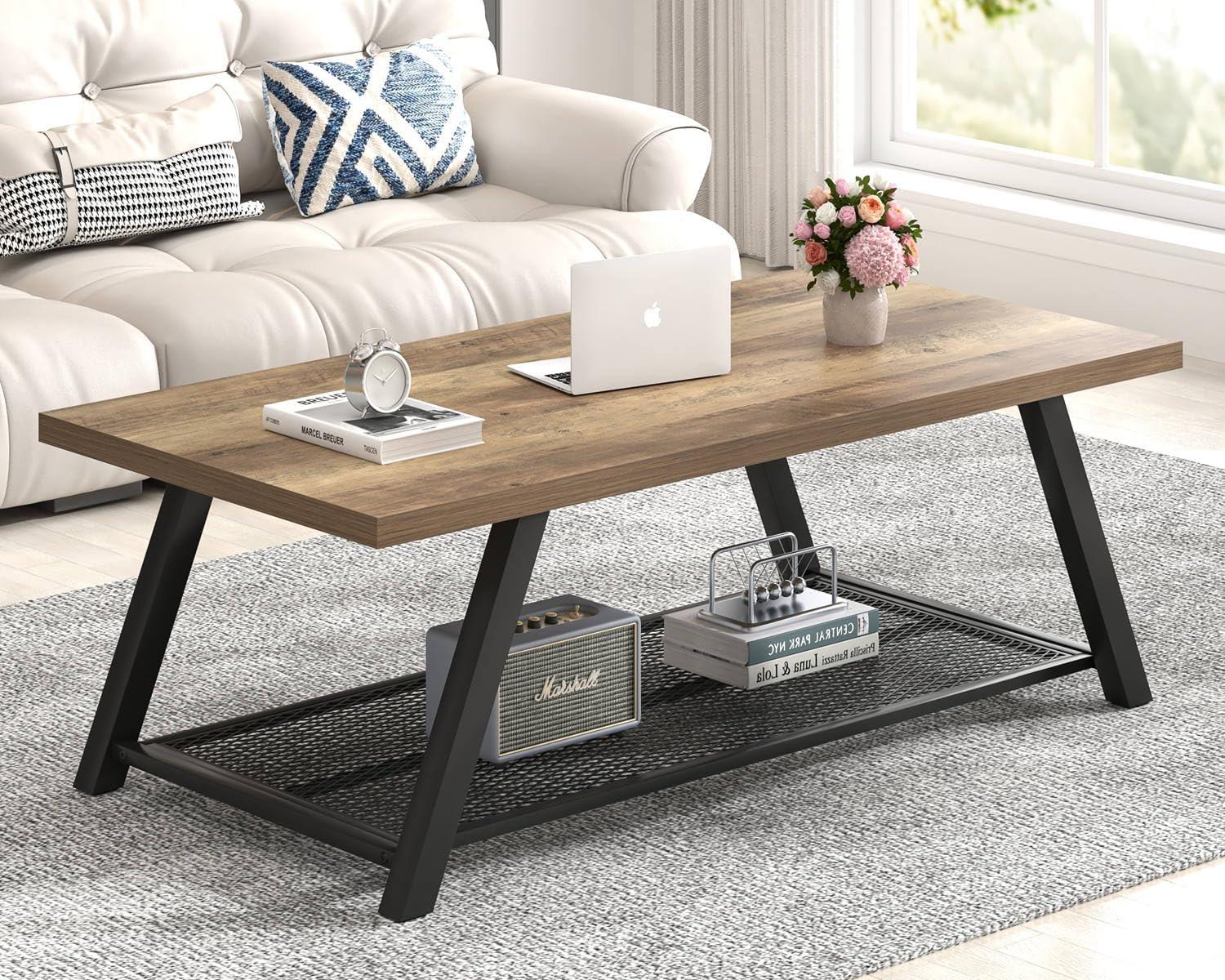 FOLUBAN Coffee Table, Modern Rustic Wood and Metal Center Table with Storage, Industrial Cocktail Tea Table for Living Room, Oak, 47 Inch