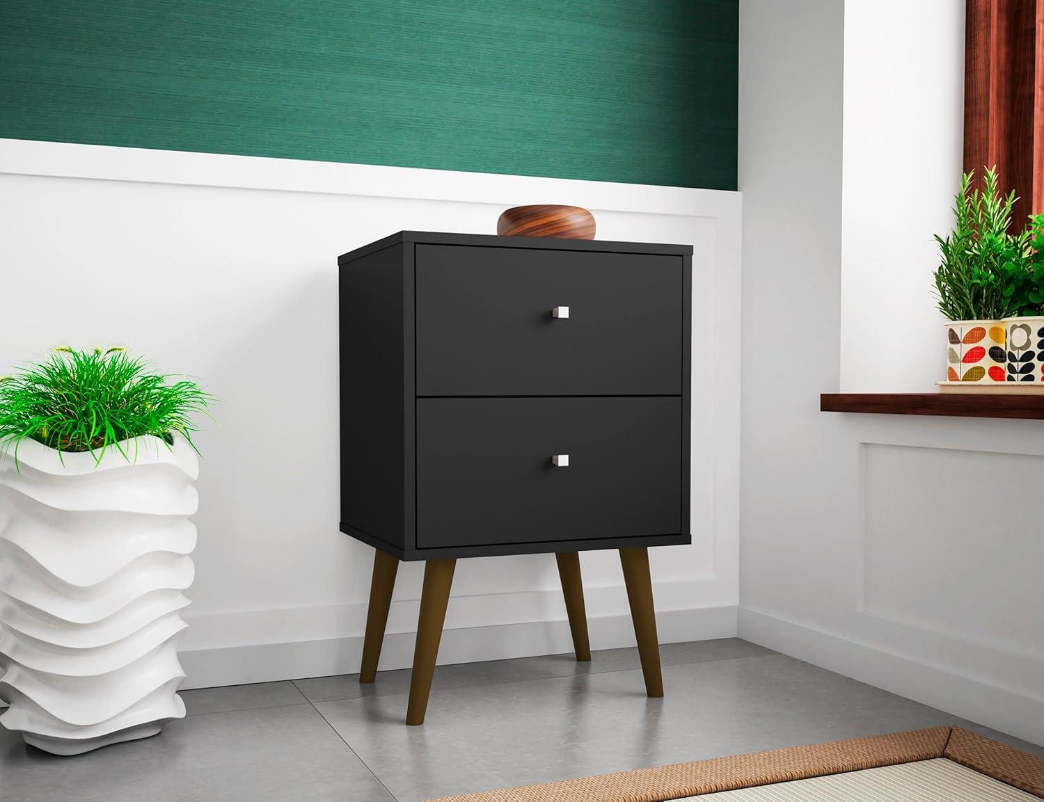 Manhattan Comfort Liberty 2.0 Mid Century Modern Nightstand Black: Particle Board Construction, Storage Drawer, Rectangle Shape