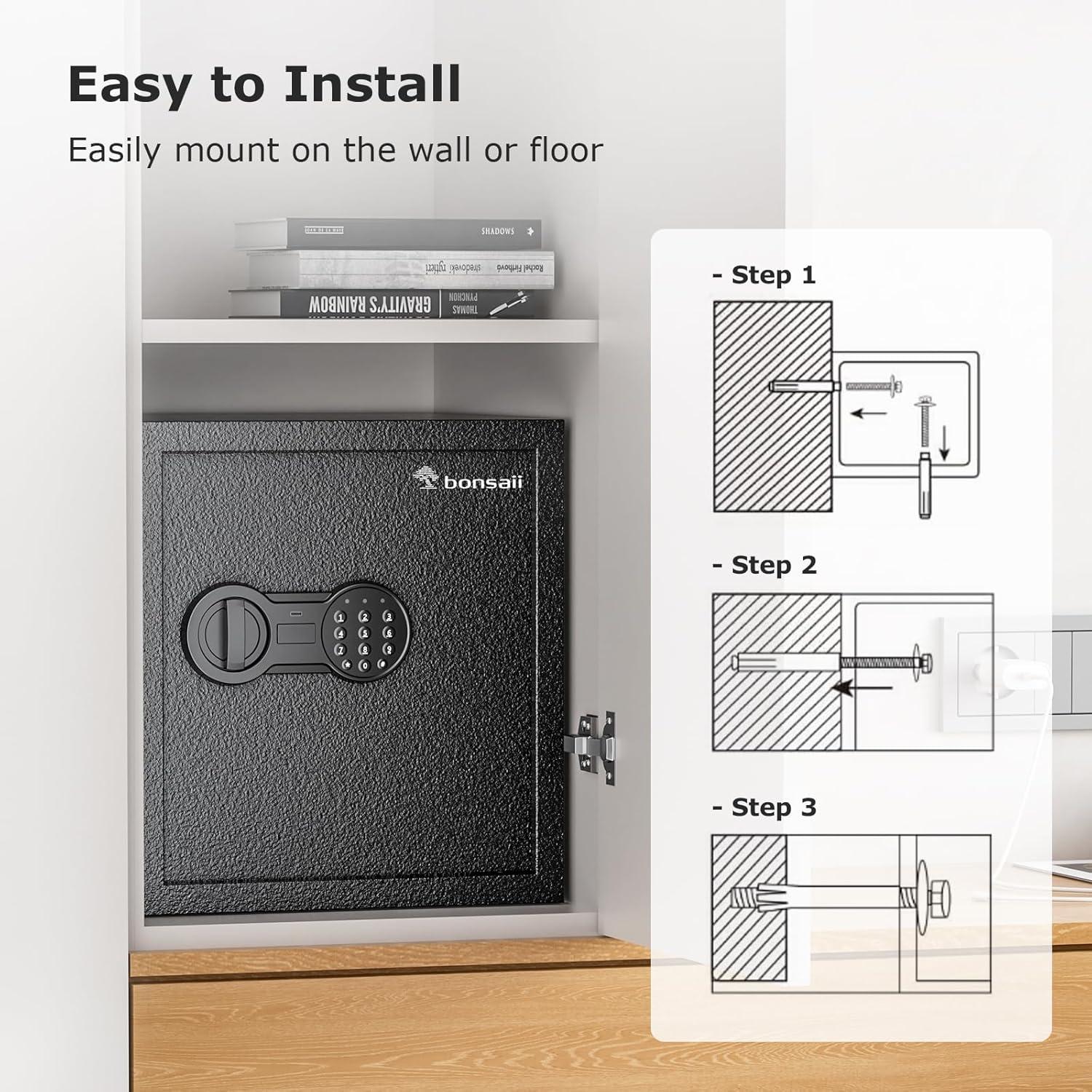 Bonsaii Security Safe Box with Money Bag, 1.28 Cubic Feet Large Document Safe Box for Home, Digital Keypad Lock, Removable Shelf for Money, Medicine, Valuables, 12.99 x 14.17 x 12.99 Inches