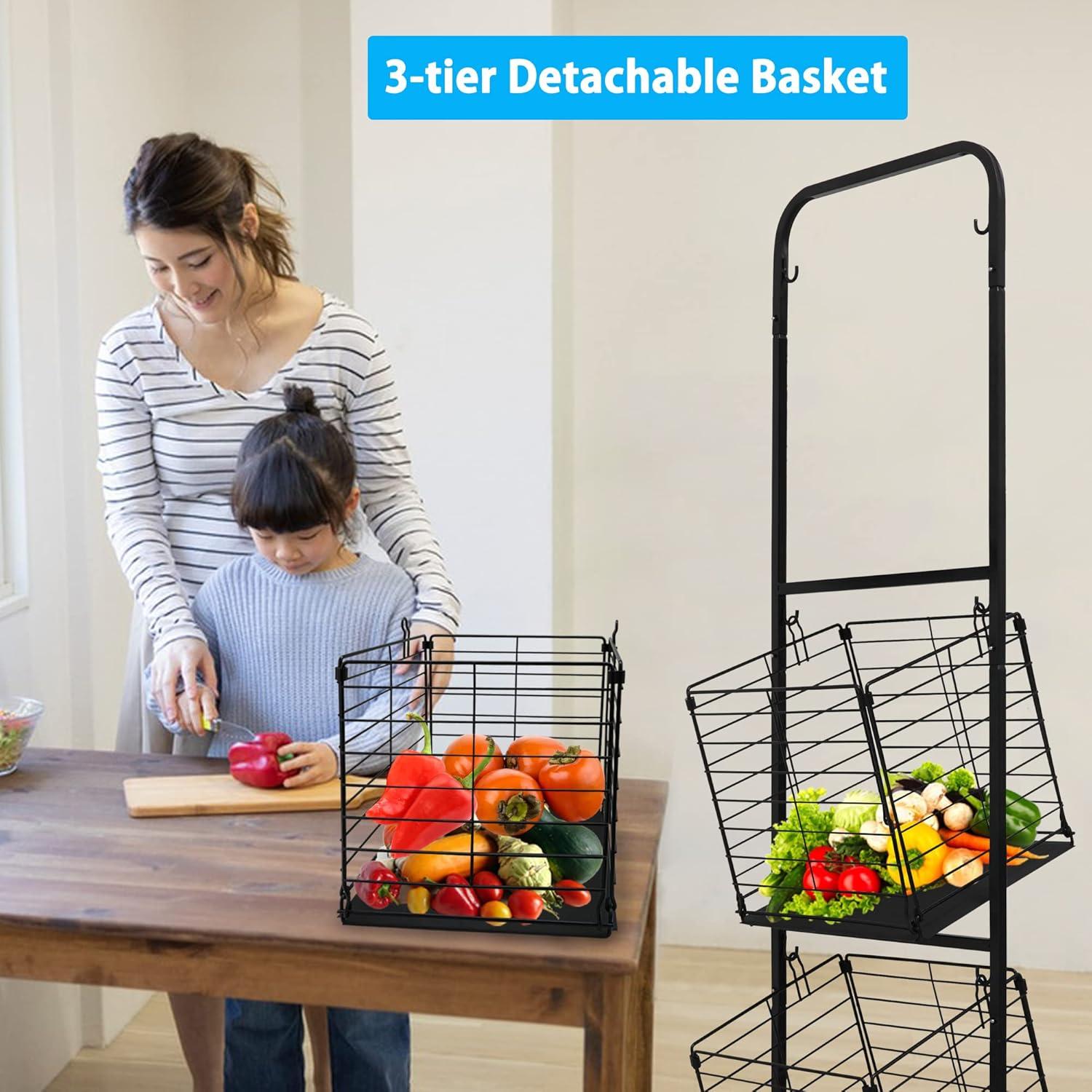 OUMIKEJI 3-Tier Fruit Basket Stand For Kitchen, Wire Market Basket Food Storage Stand With Wheels, Vegetable Produce Pantry Basket Organizer